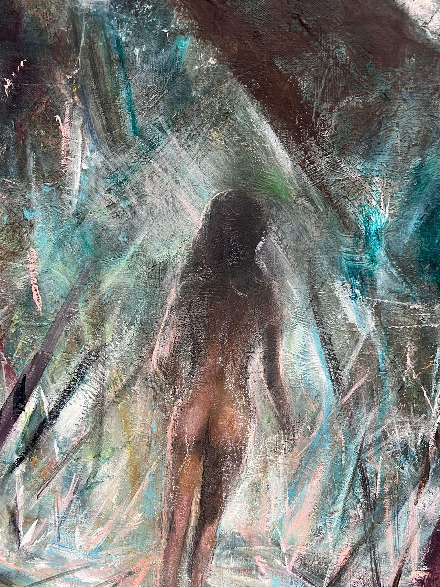 Grande peinture à l'huile abstraite française des années 1960, représentant une femme nue marchant dans des bois en vente 2