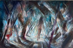Huge 1960's French Fantasy Abstract Oil Painting Nude Lady Walking through Woods