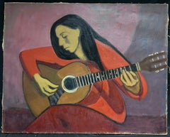 Enorme dipinto a olio modernista francese degli anni '60 Signora seduta che suona la chitarra