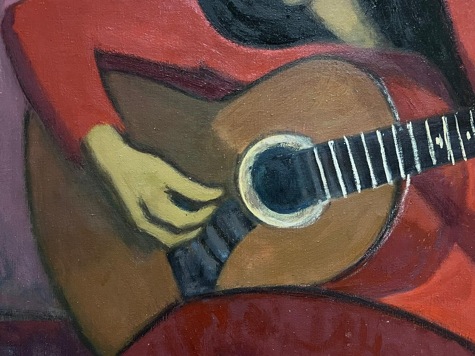 Enorme óleo modernista francés de los años 60 Dama sentada tocando la guitarra - Painting Moderno de French School