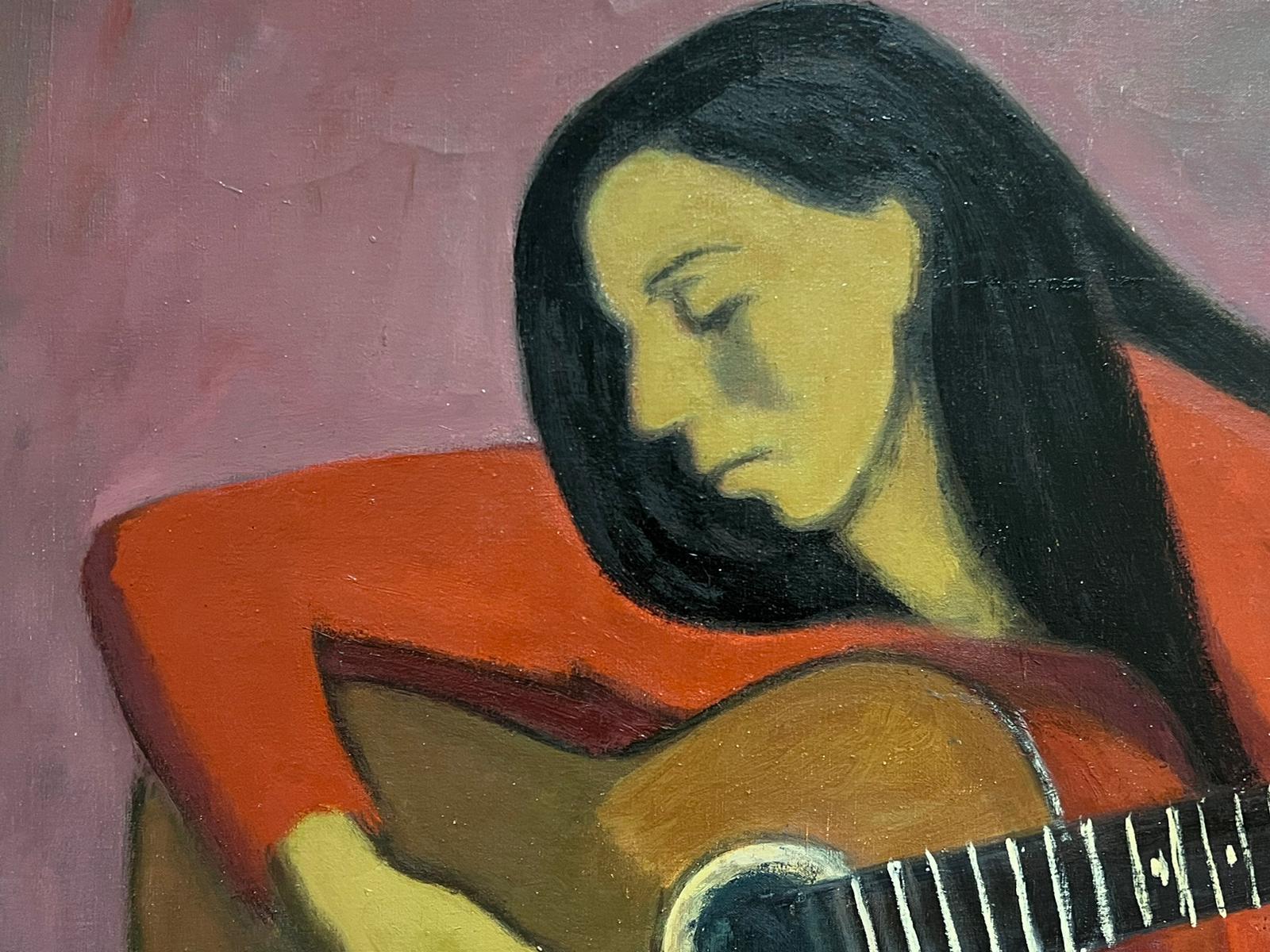 Enorme óleo modernista francés de los años 60 Dama sentada tocando la guitarra - Portrait Painting Gris de French School