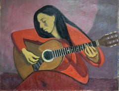 Huge 1960's French Modernist Oil Painting Lady Seated Playing Guitar