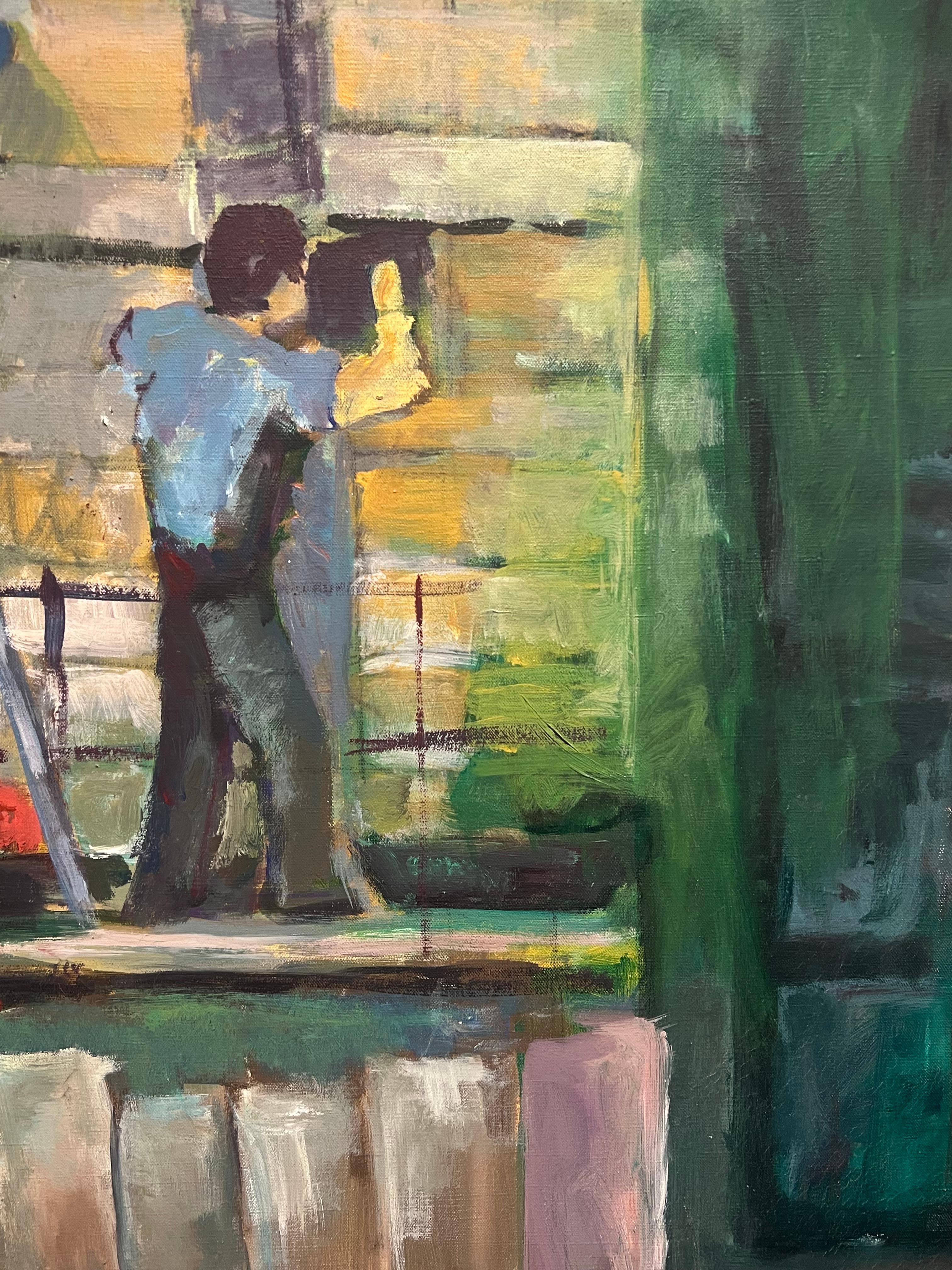 Huge 1970's French Oil Painting Figurative Oil Painting Workers on Scaffolding For Sale 7