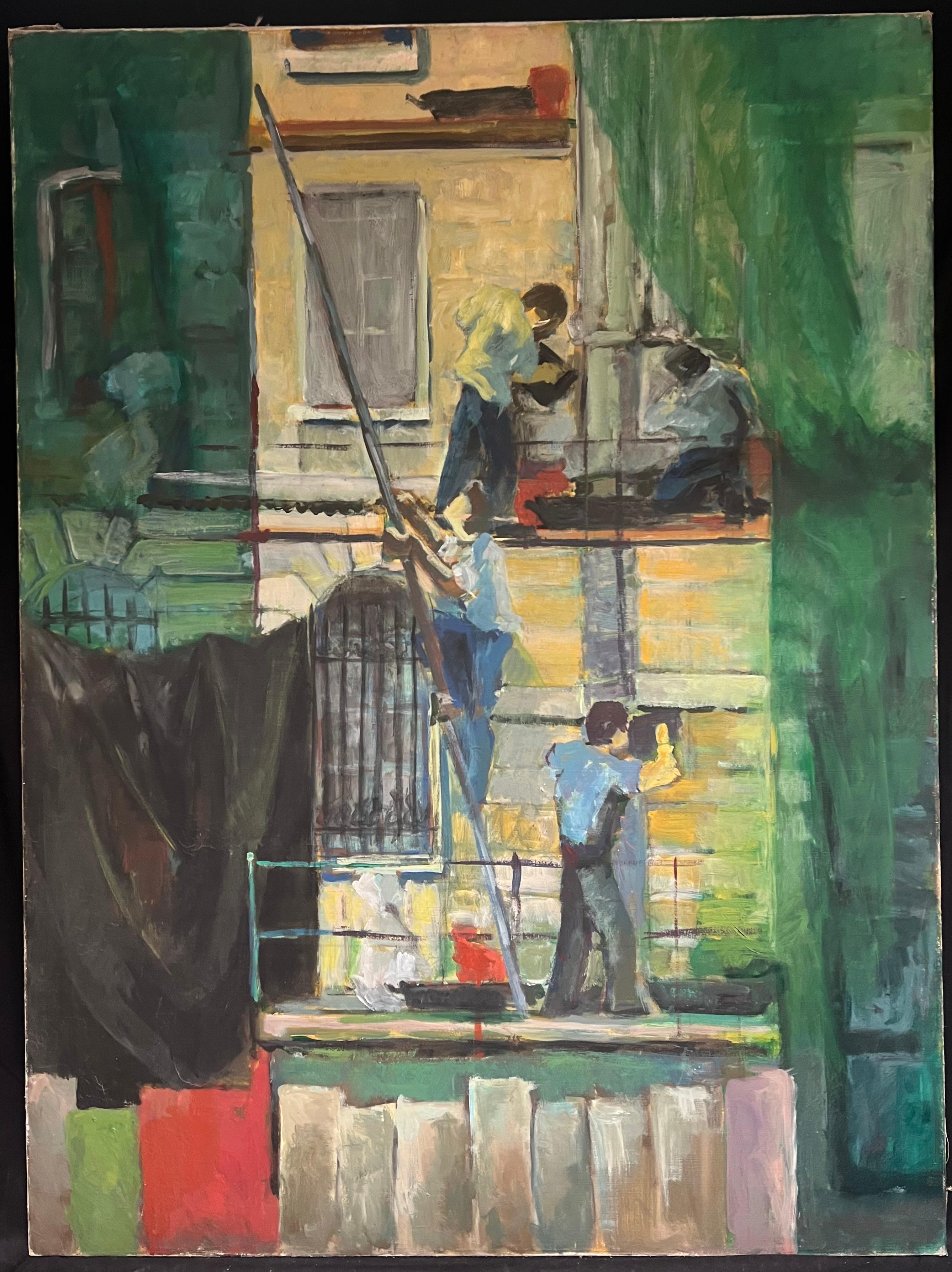 Huge 1970's French Oil Painting Figurative Oil Painting Workers on Scaffolding - Gray Figurative Painting by French School