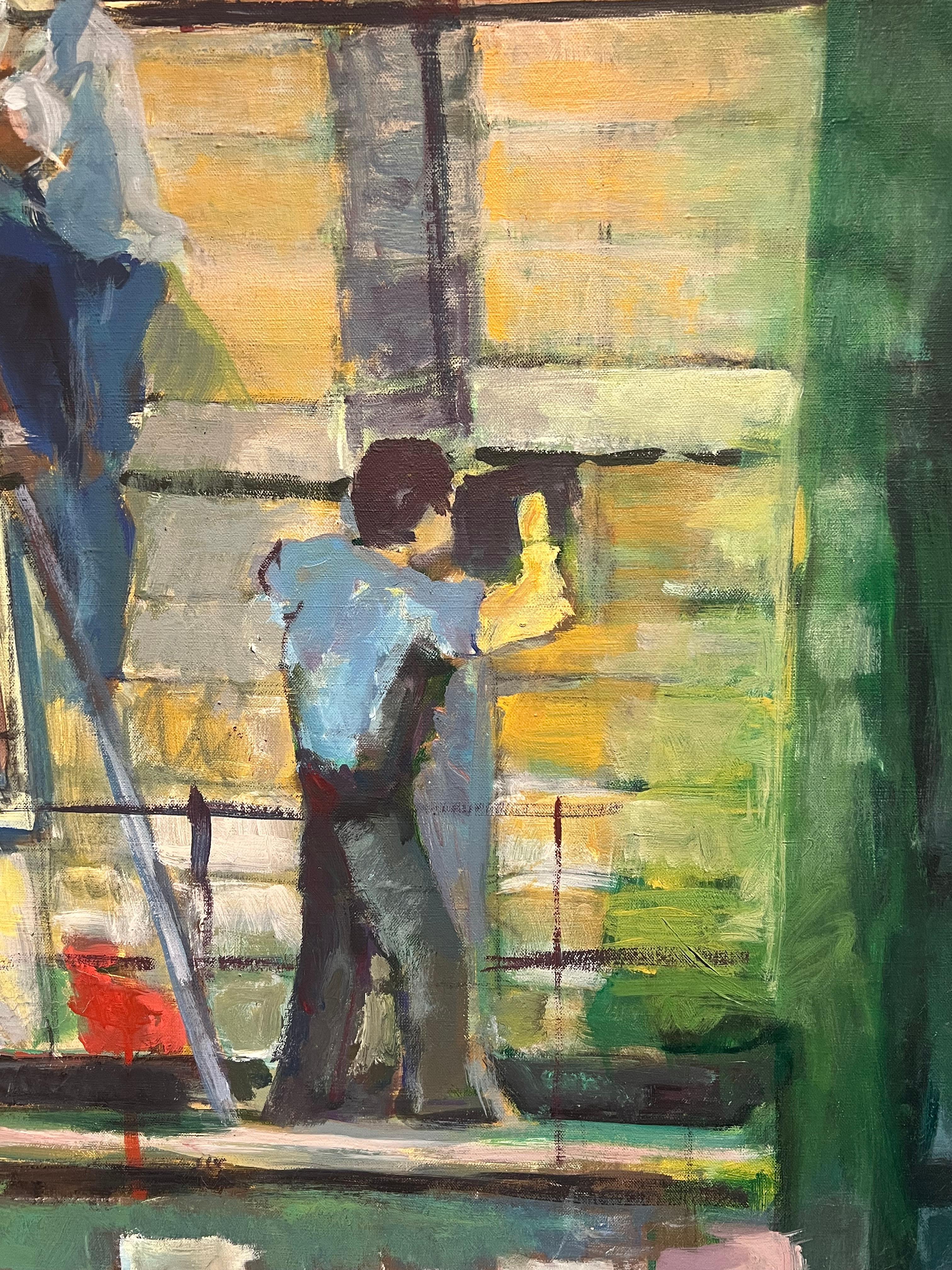 Figurative Oil Painting of Workers on Scaffolding
French artist, circa 1970's
oil on canvas, unframed
canvas : 51 x 38 inches
Provenance: private collection, Paris
Condition: very good condition

Description:
This compelling figurative oil painting