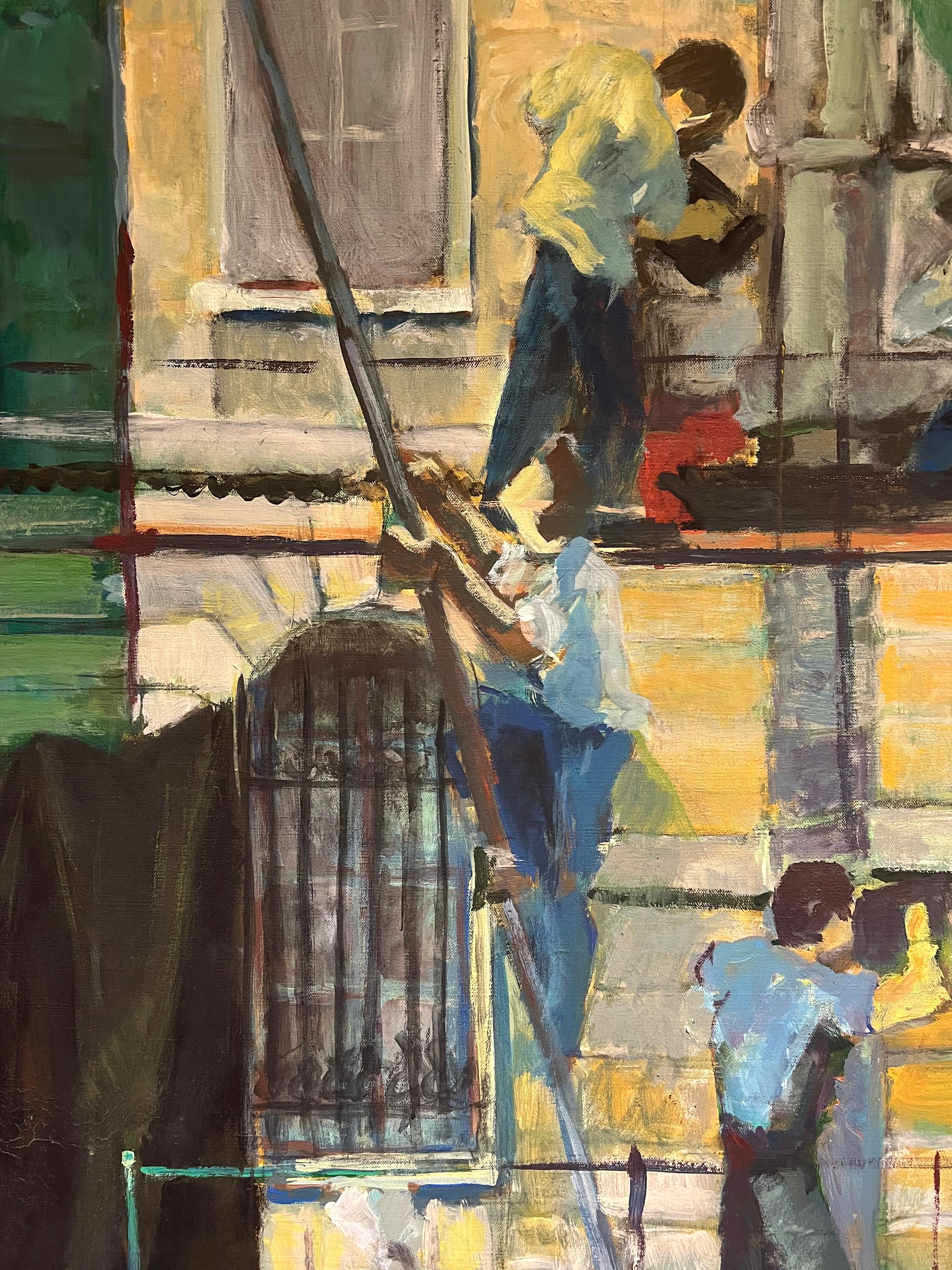 Huge 1970's French Oil Painting Figurative Oil Painting Workers on Scaffolding For Sale 1