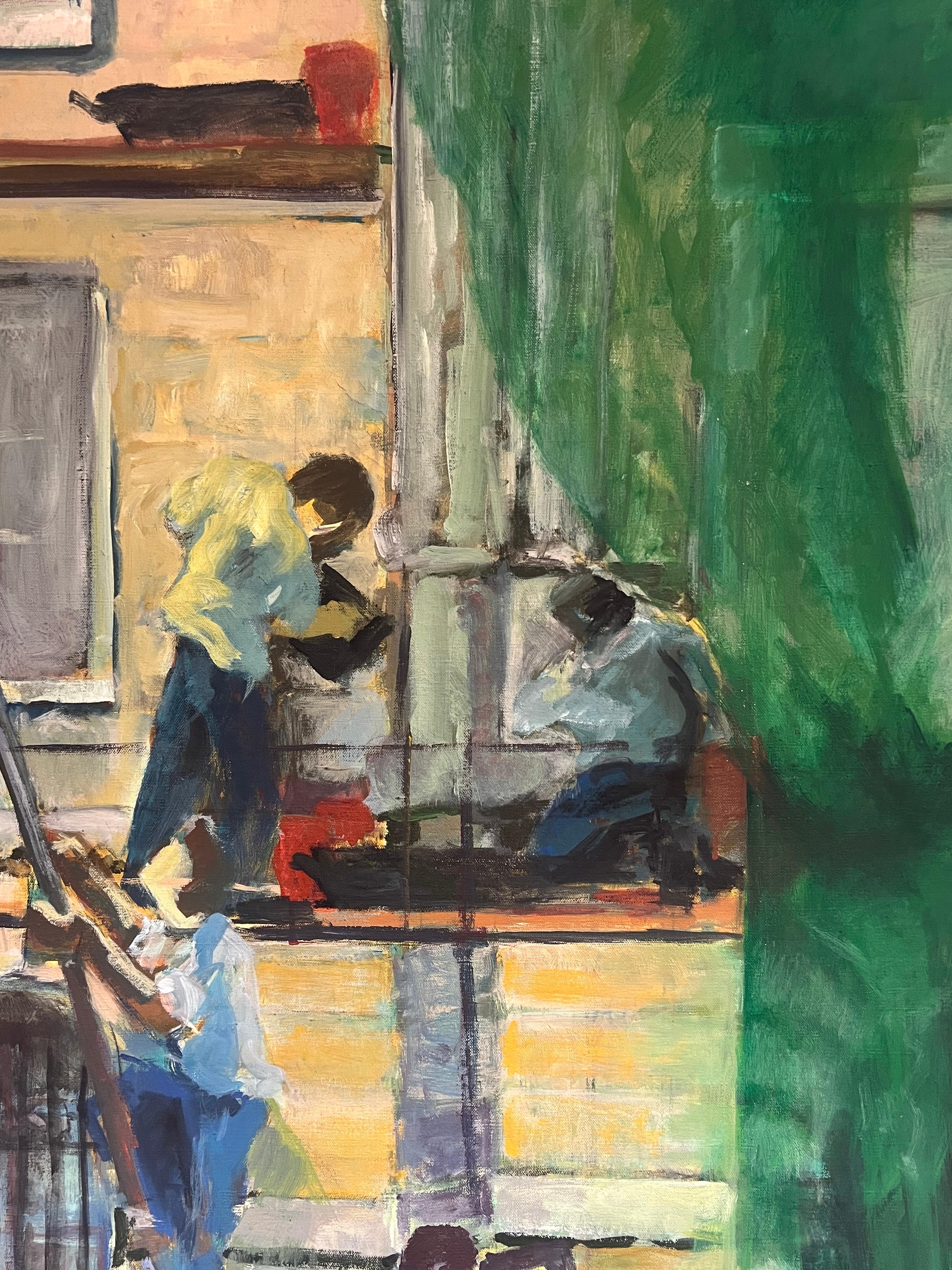 Huge 1970's French Oil Painting Figurative Oil Painting Workers on Scaffolding For Sale 2