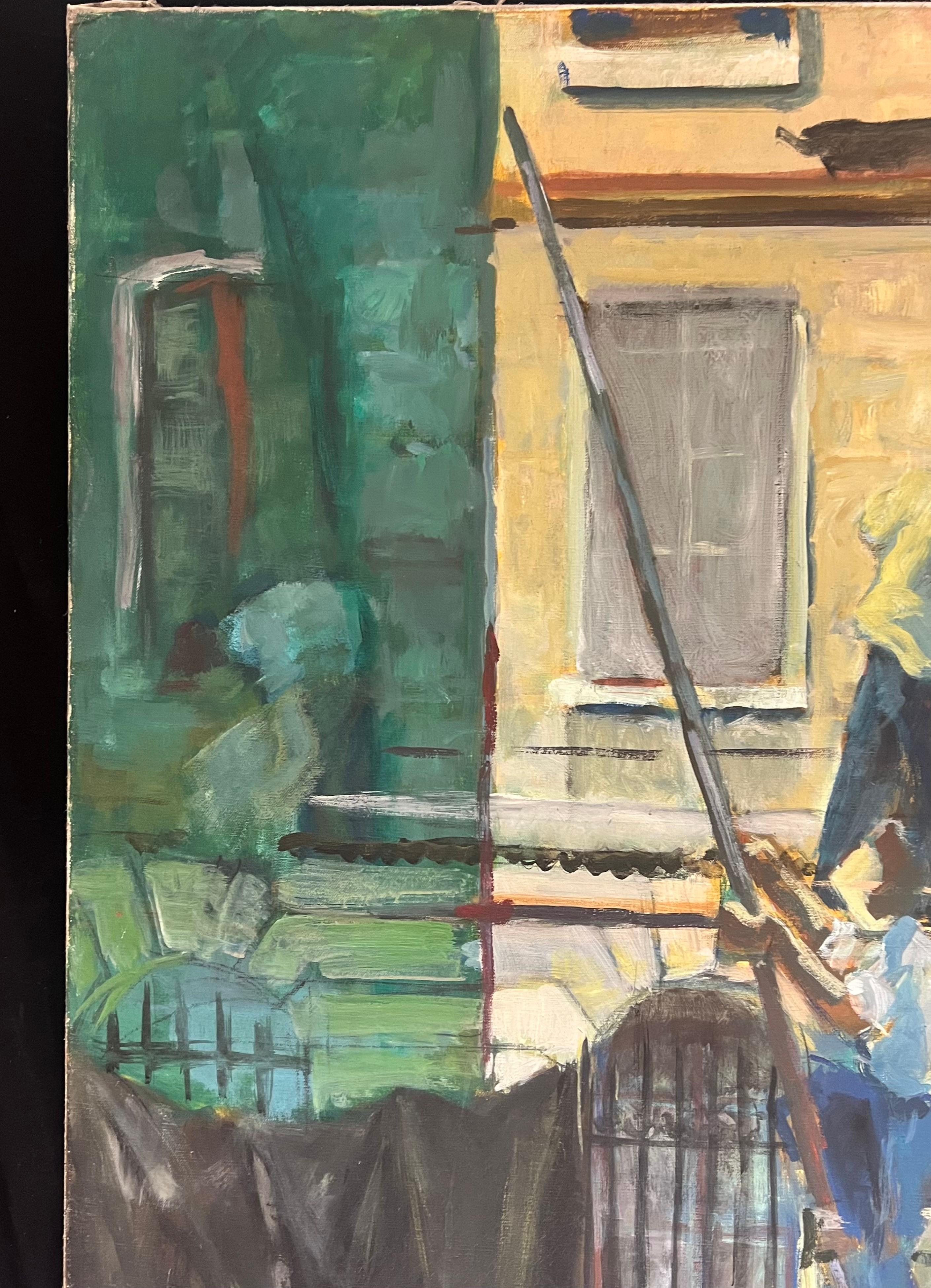 Huge 1970's French Oil Painting Figurative Oil Painting Workers on Scaffolding For Sale 3