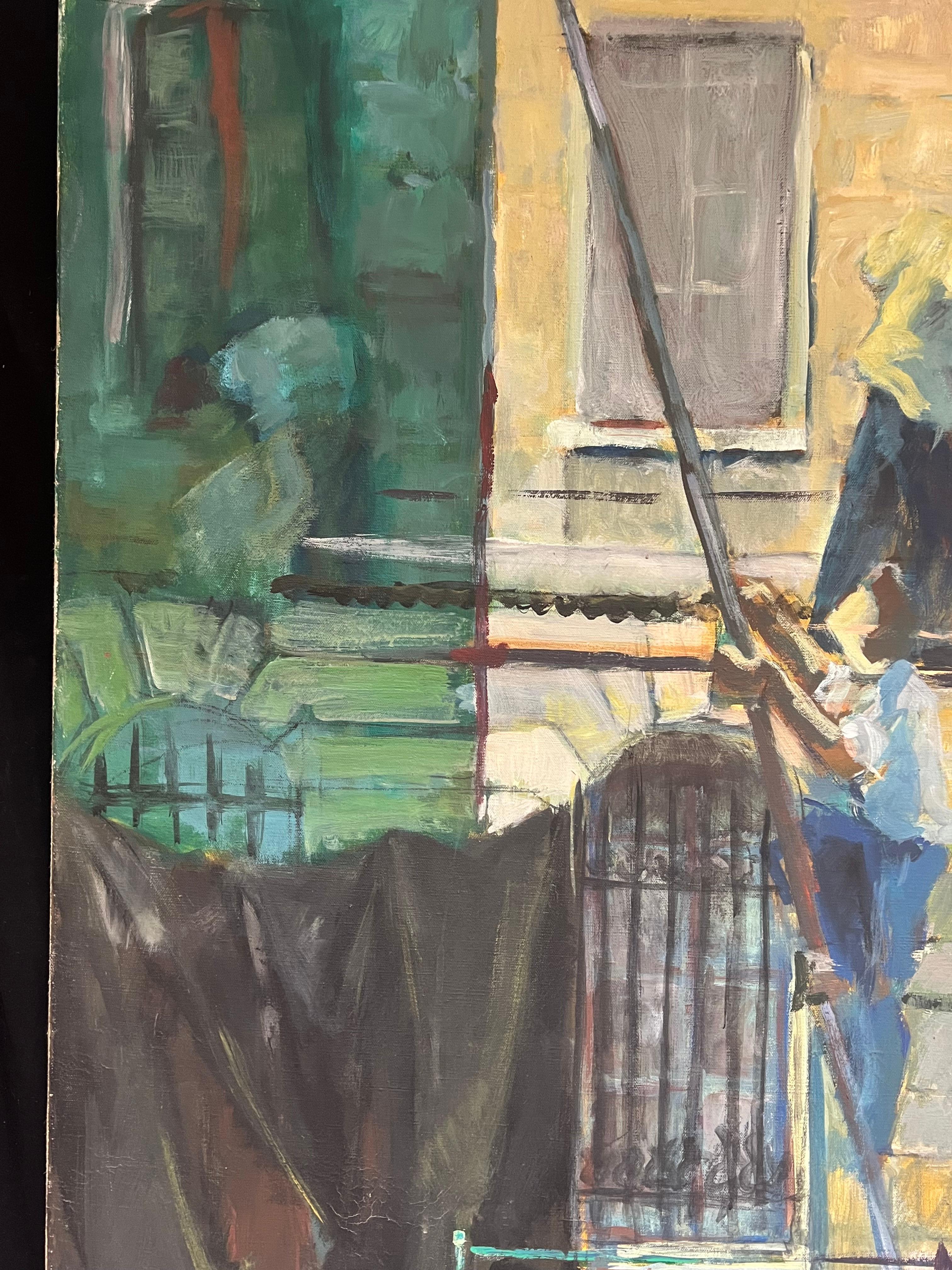 Huge 1970's French Oil Painting Figurative Oil Painting Workers on Scaffolding For Sale 4