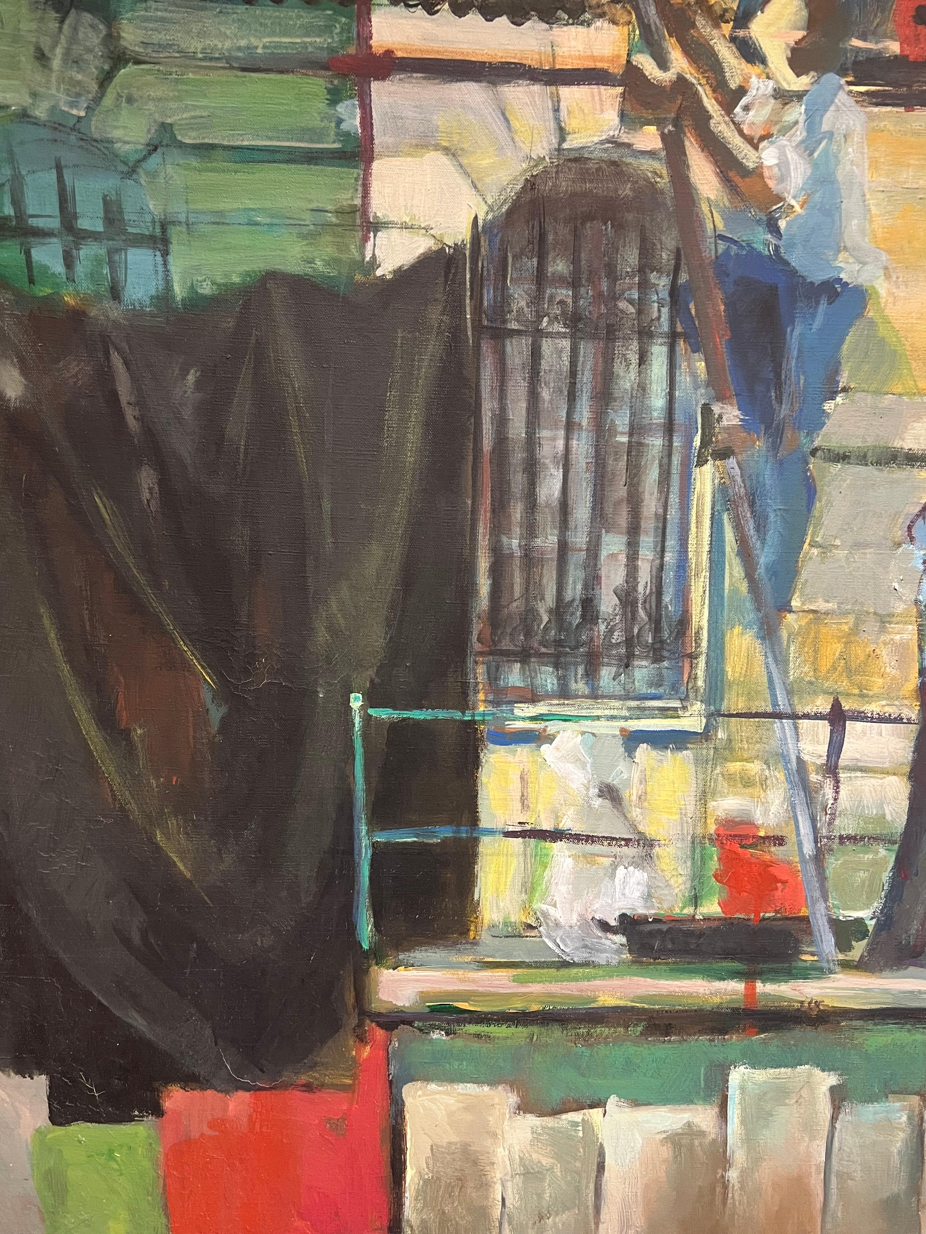 Huge 1970's French Oil Painting Figurative Oil Painting Workers on Scaffolding For Sale 5