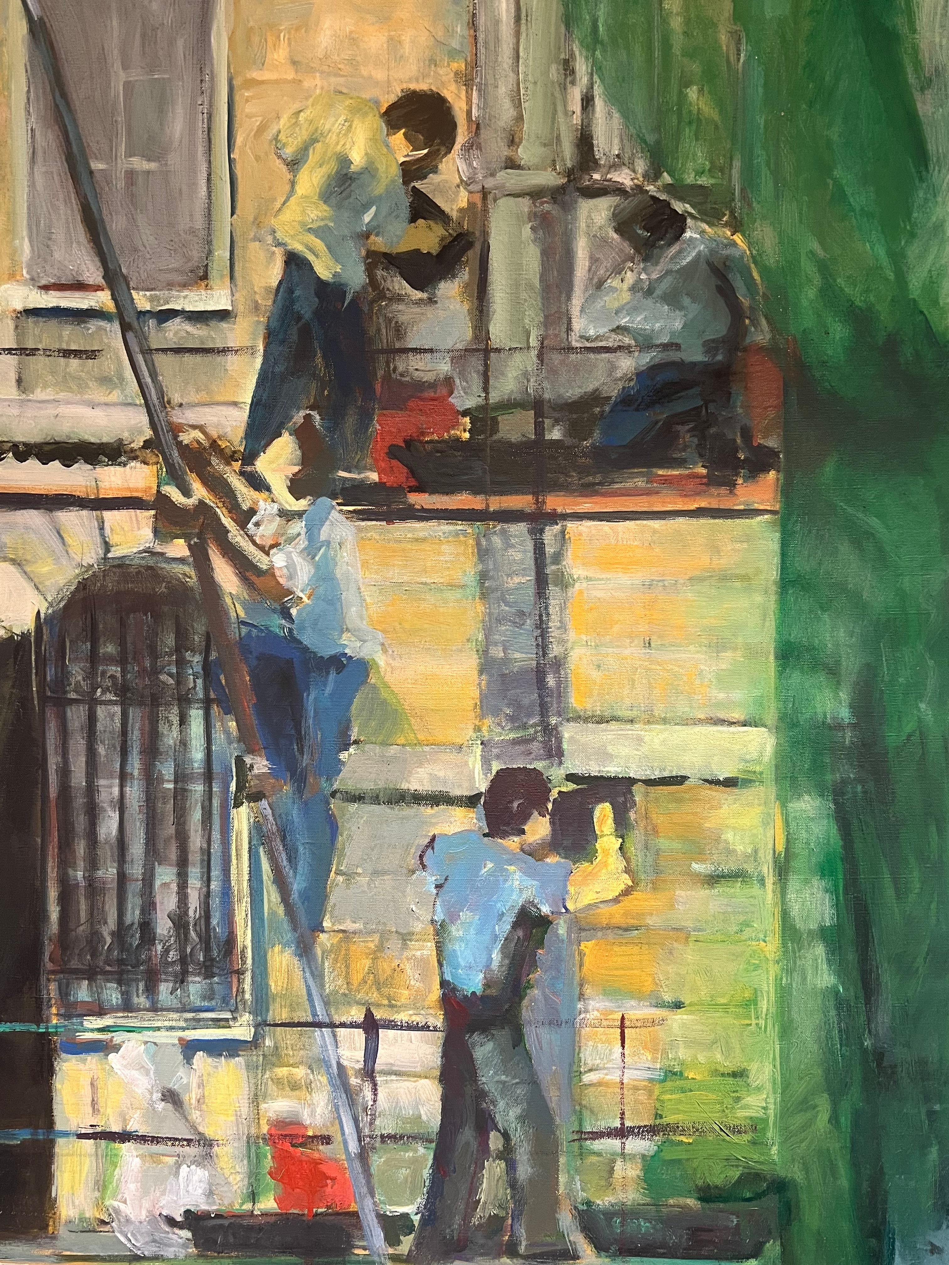 Huge 1970's French Oil Painting Figurative Oil Painting Workers on Scaffolding For Sale 6