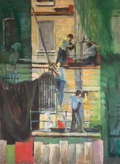 Enorme óleo francés de los años 70 Pintura al óleo figurativa Trabajadores en un andamio