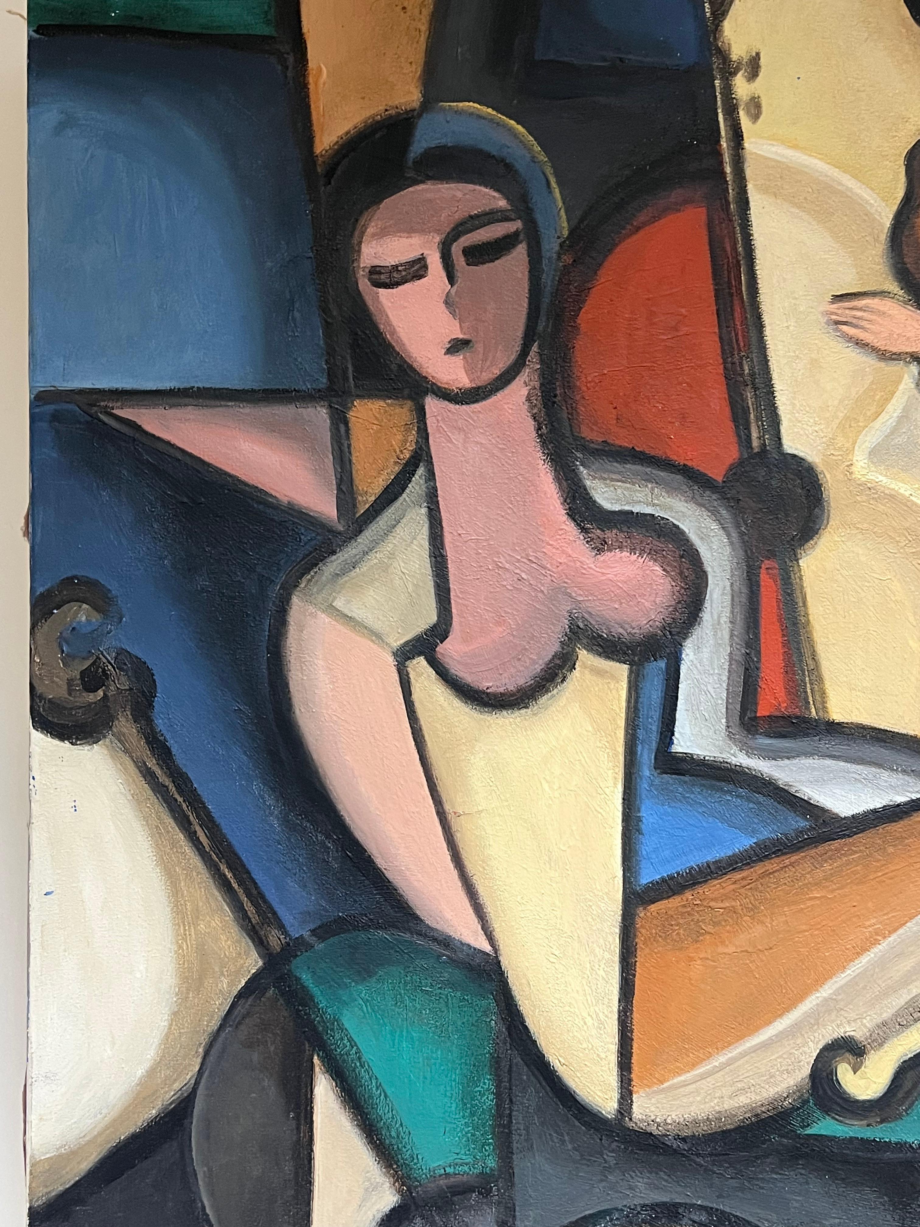 Huge 20th Century French Cubist Modernist Signed Painting Female Musicians For Sale 7