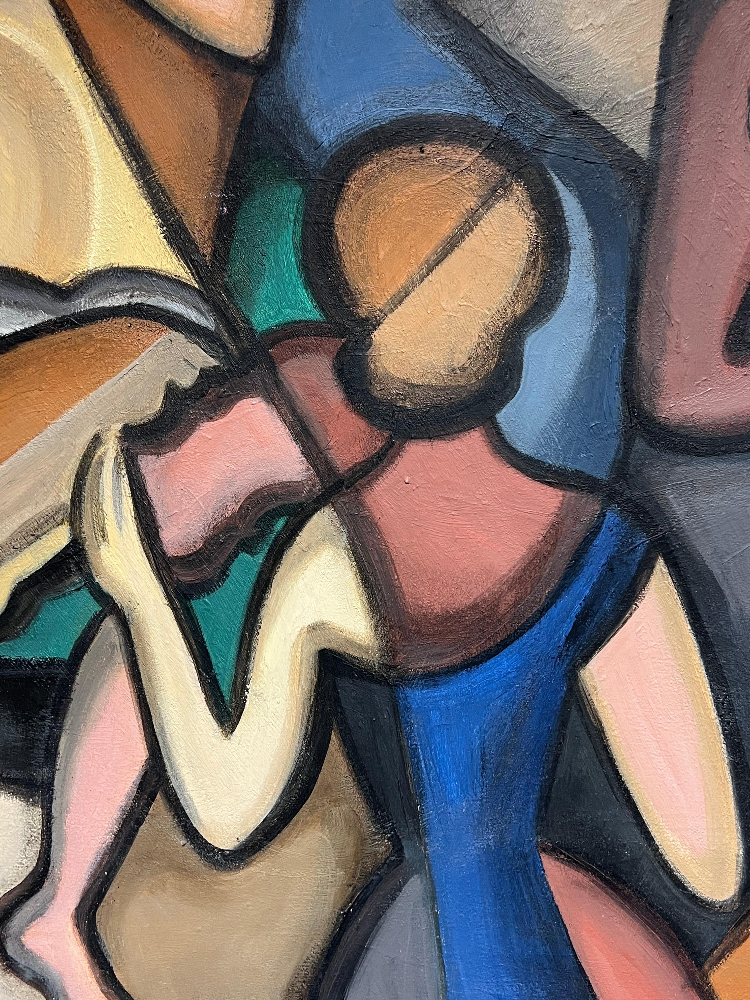 Huge 20th Century French Cubist Modernist Signed Painting Female Musicians For Sale 9