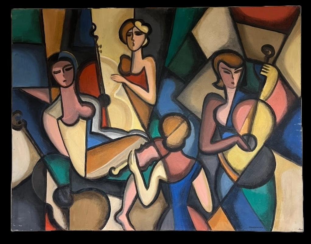 Huge 20th Century French Cubist Modernist Signed Painting Female Musicians - Black Figurative Painting by French School