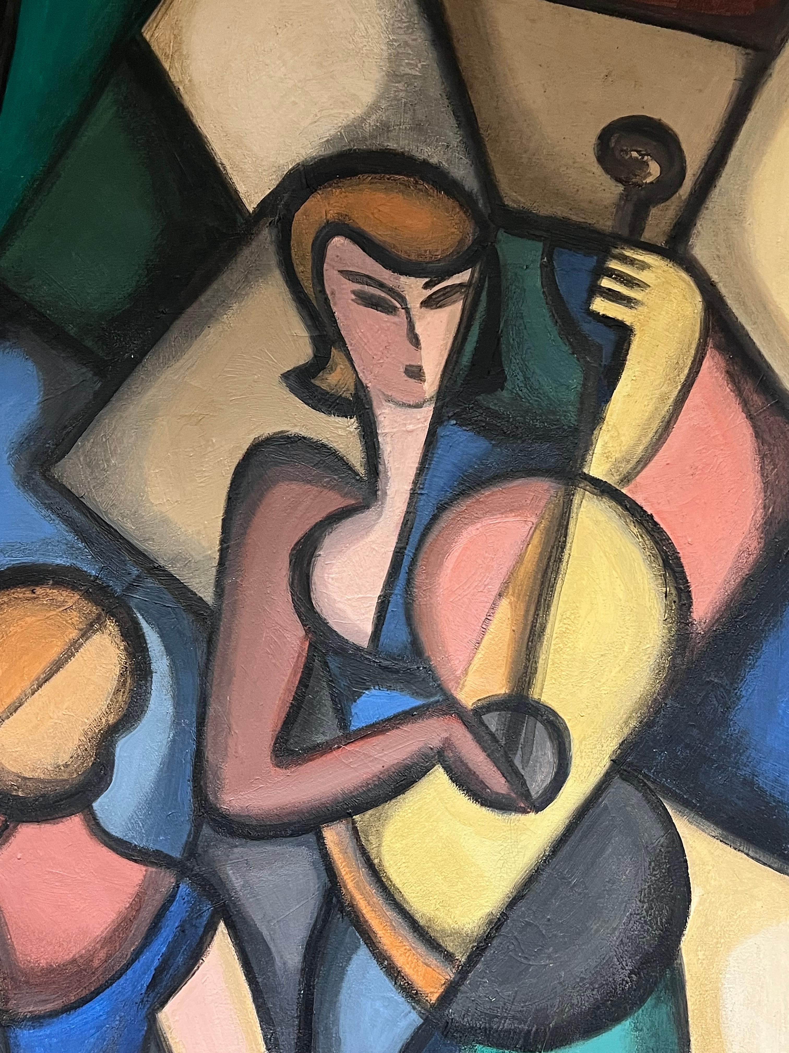 Huge 20th Century French Cubist Modernist Signed Painting Female Musicians For Sale 1