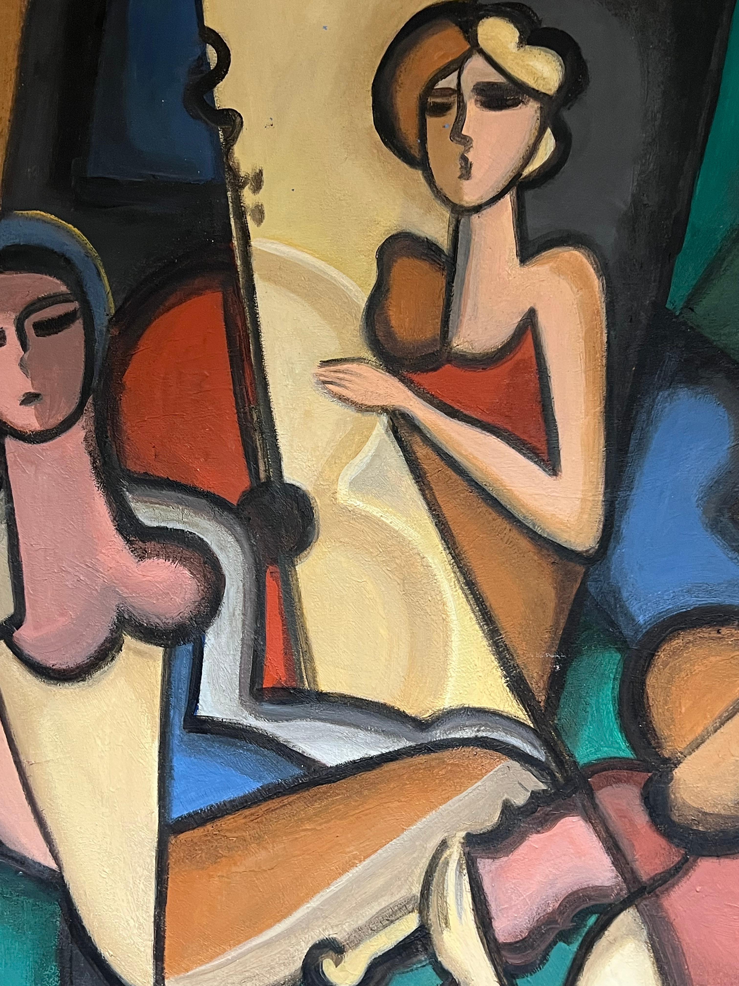 Huge 20th Century French Cubist Modernist Signed Painting Female Musicians For Sale 3