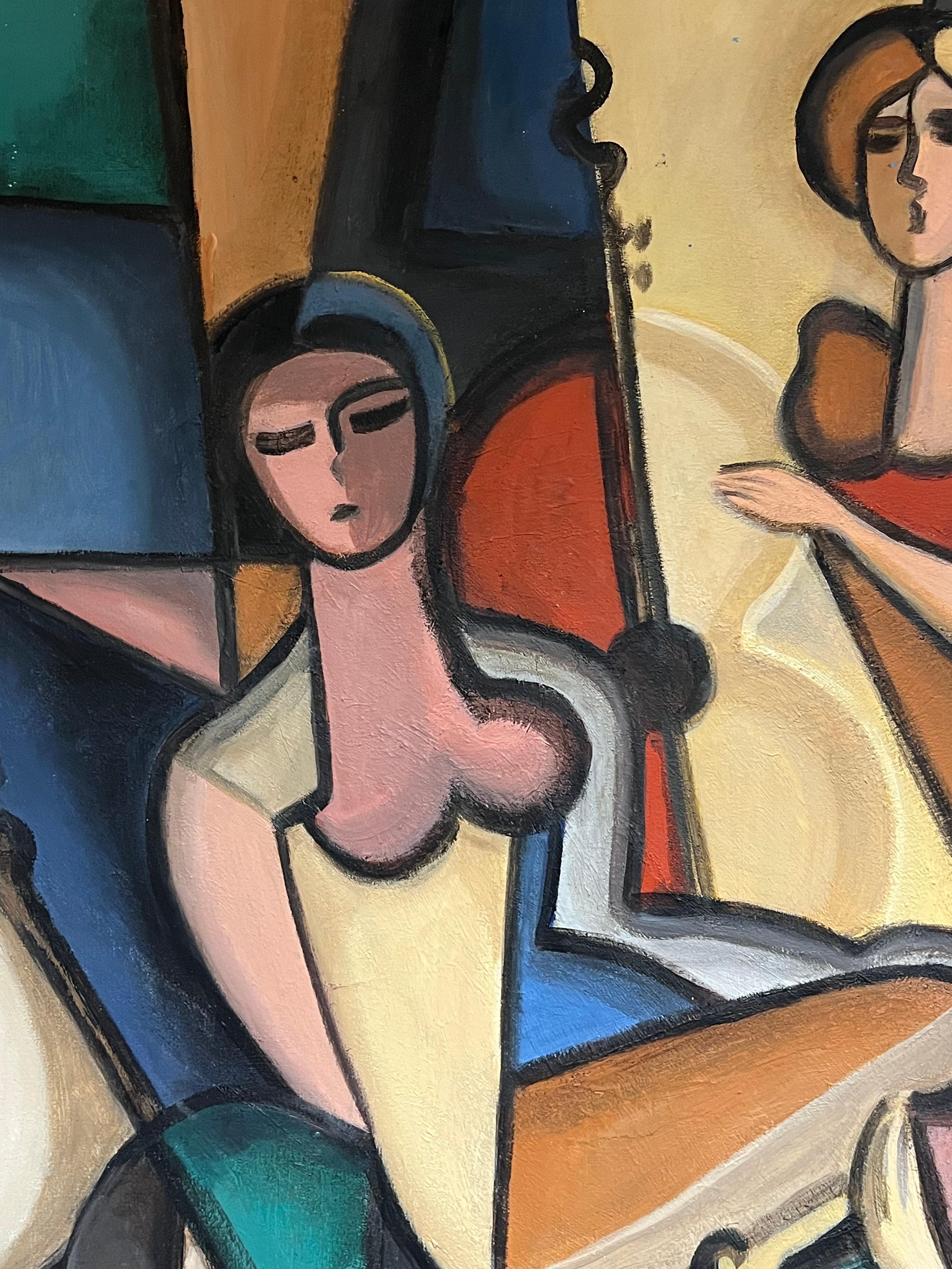 Huge 20th Century French Cubist Modernist Signed Painting Female Musicians For Sale 4