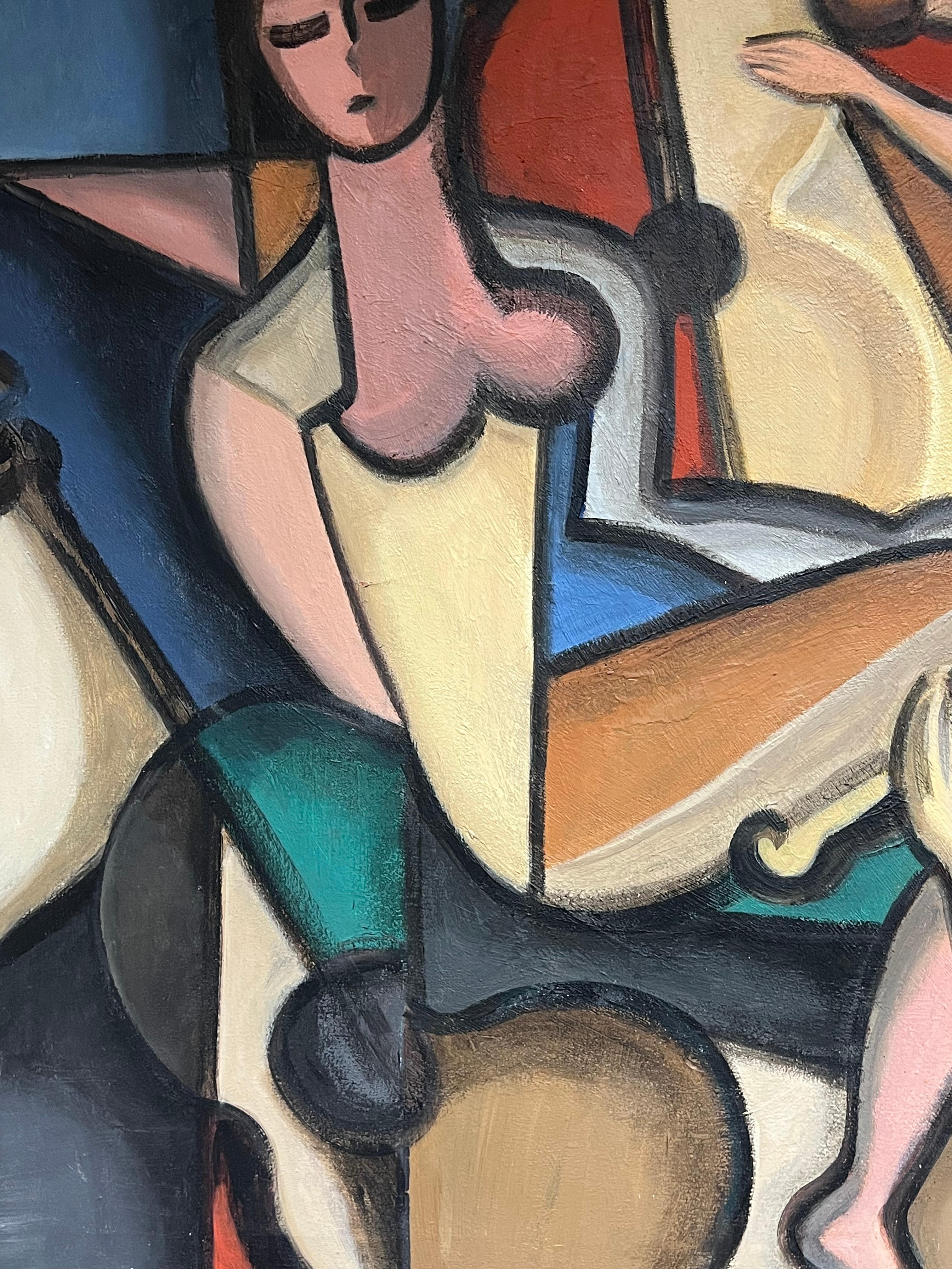 Huge 20th Century French Cubist Modernist Signed Painting Female Musicians For Sale 5
