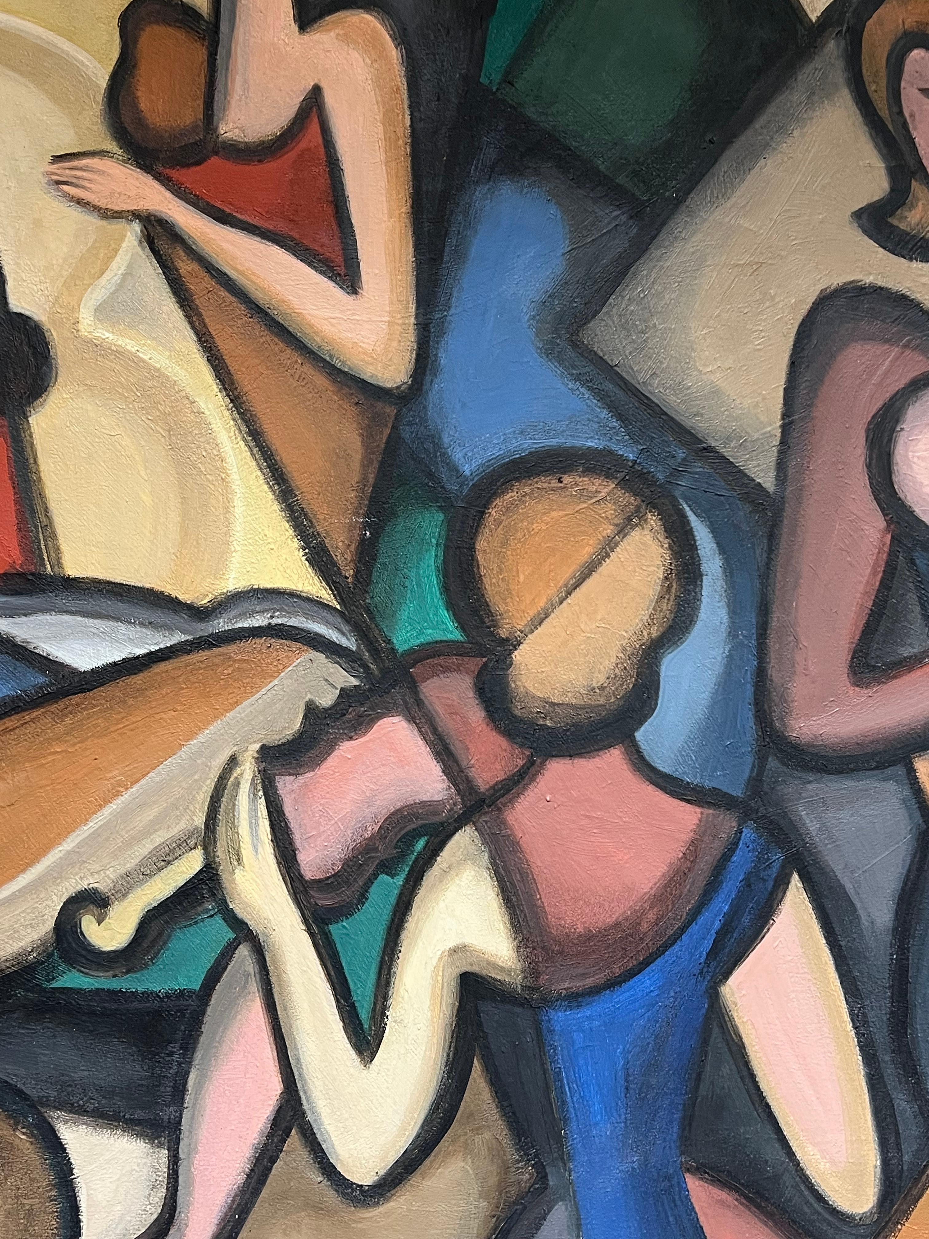 Huge 20th Century French Cubist Modernist Signed Painting Female Musicians For Sale 6