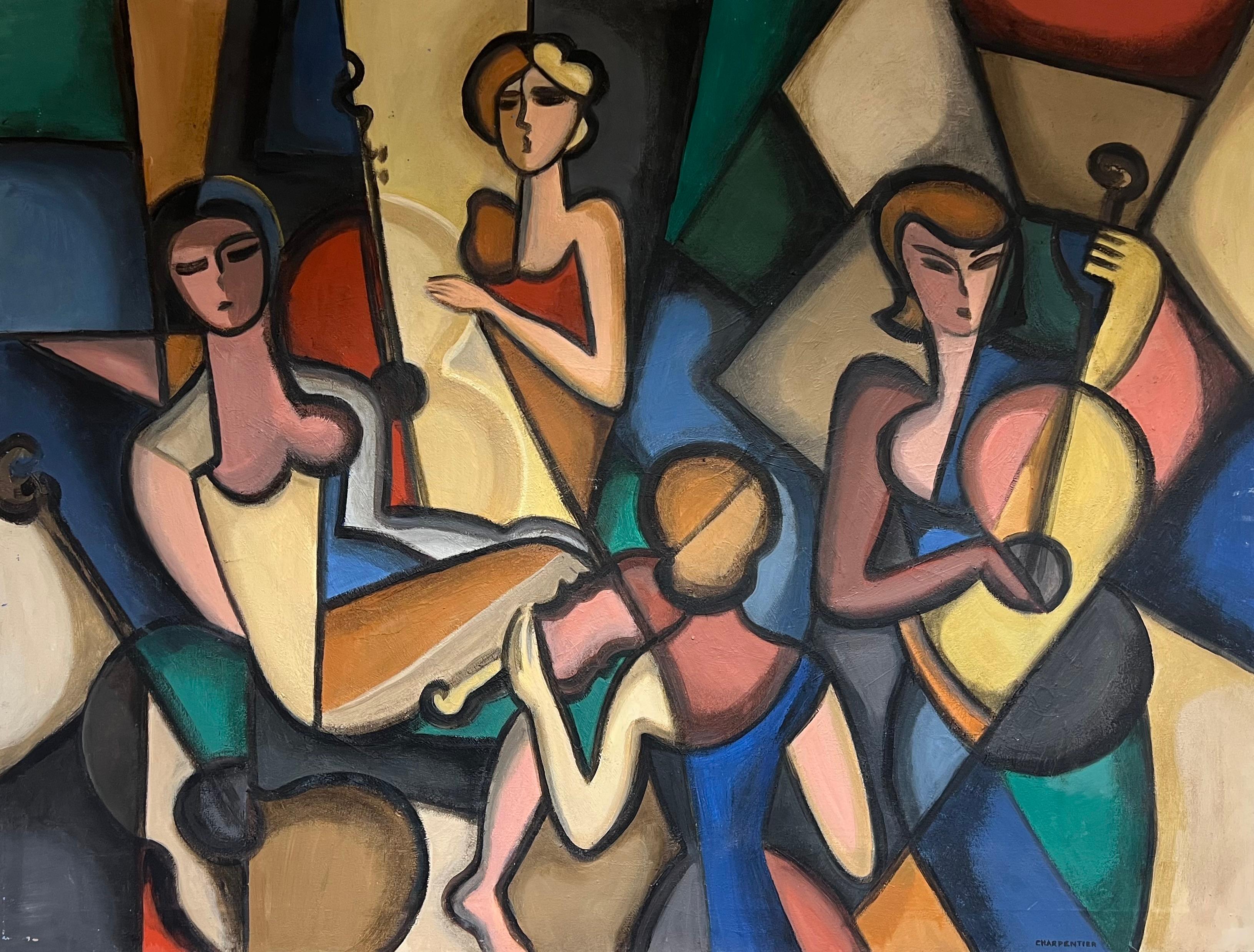 French School Figurative Painting - Huge 20th Century French Cubist Modernist Signed Painting Female Musicians