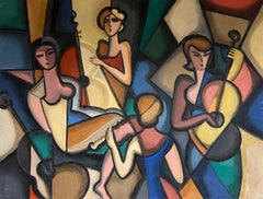 Enorme Cuadro Cubista Modernista Francés del Siglo XX Firmado Mujeres Músicas
