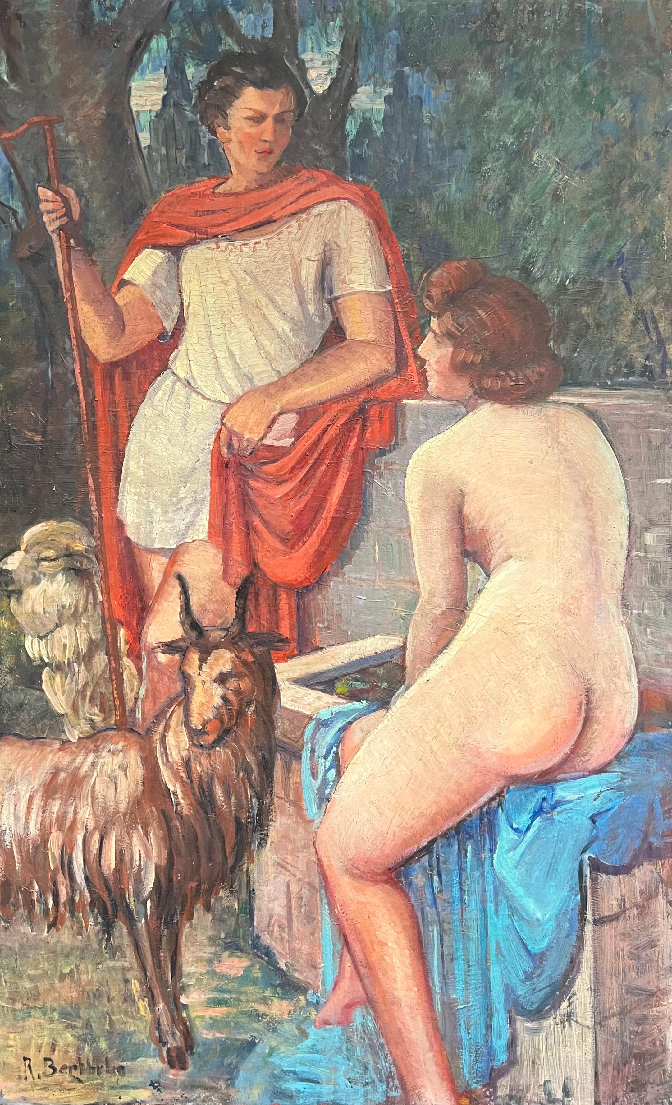 Huge Antique French Signed Oil Painting Roman Soldier with Nude Shepherdess - Black Portrait Painting by French School