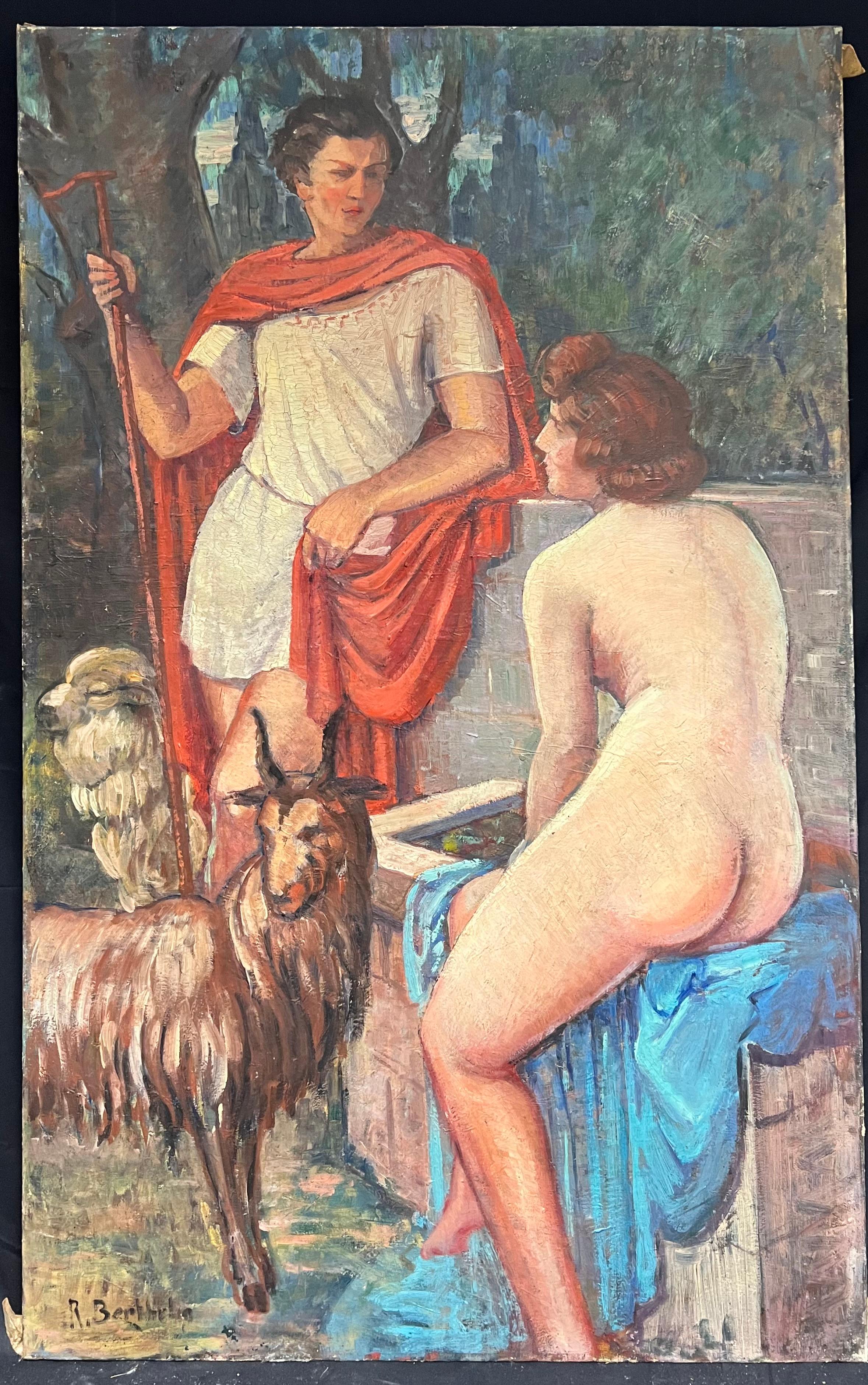Pausing for Conversation
French School, early 1900's
indistinctly signed 
oil on canvas, unframed
Canvas : 46 x 29 inches
Provenance: private collection, France
Condition: very good condition

For more any more information please do contact us with