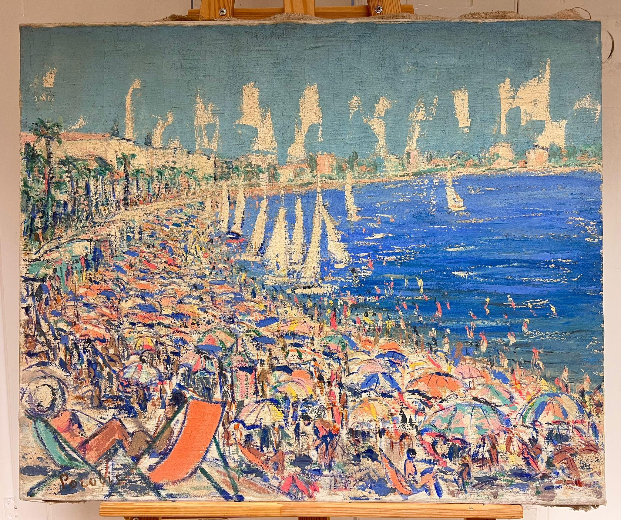 Enorme dipinto a olio impressionista francese: una movimentata scena di spiaggia mediterranea con barche - Painting di French School