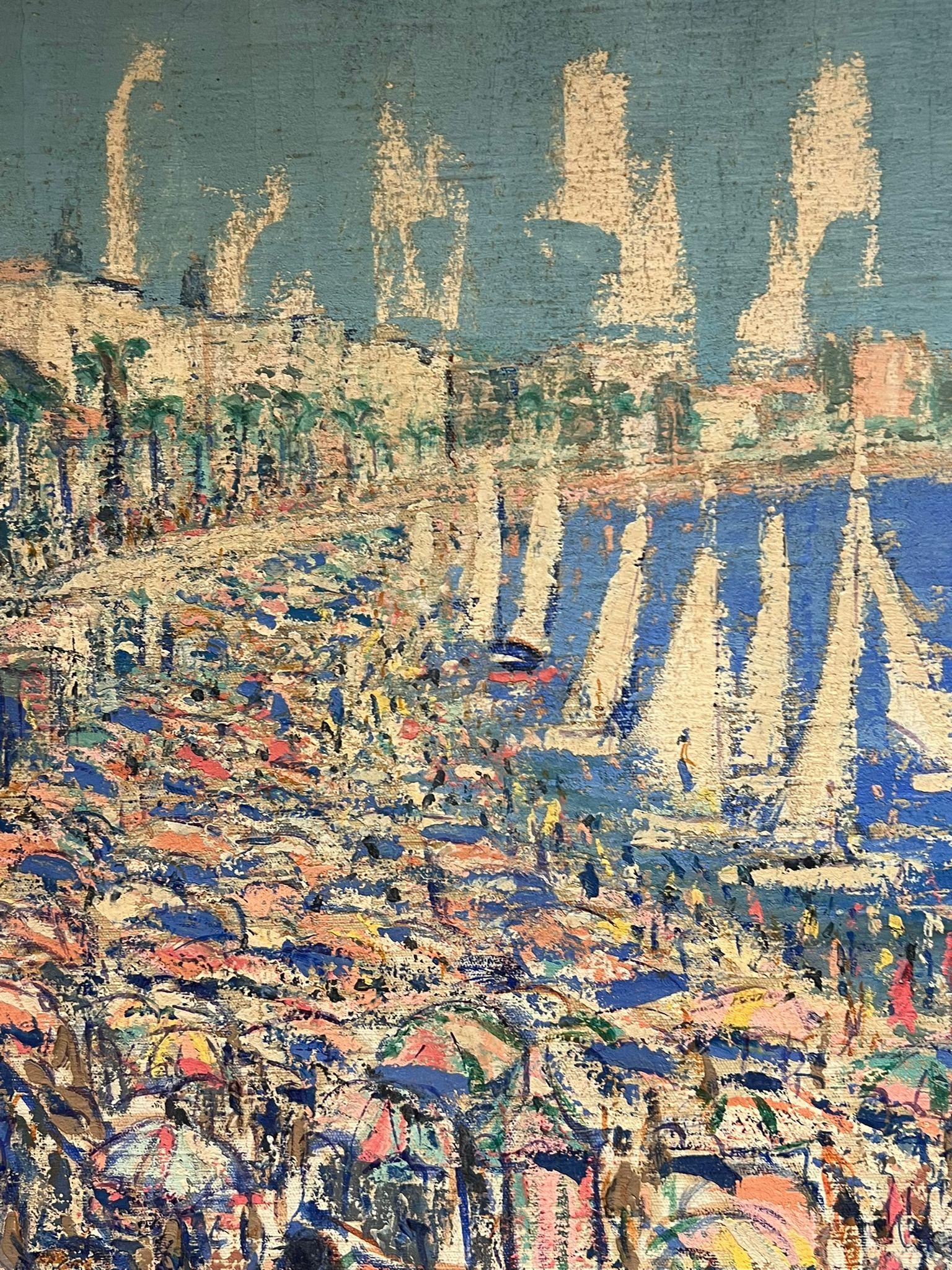 Enorme dipinto a olio impressionista francese: una movimentata scena di spiaggia mediterranea con barche - Painting Postimpressionismo di French School