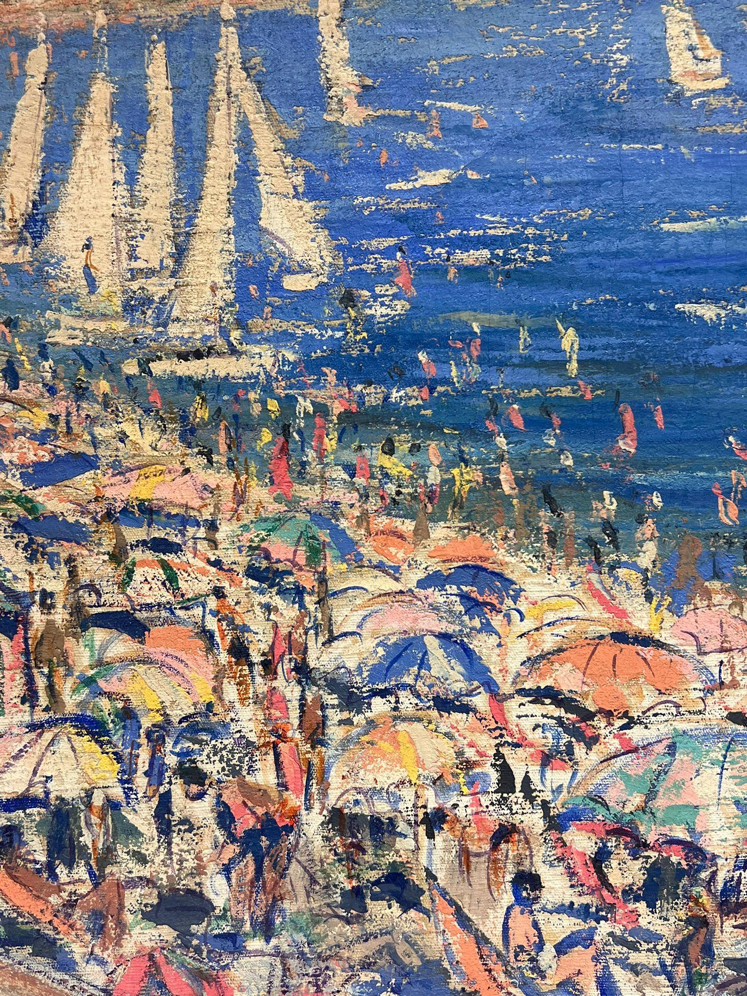 Enorme dipinto a olio impressionista francese: una movimentata scena di spiaggia mediterranea con barche - Landscape Painting Grigio di French School