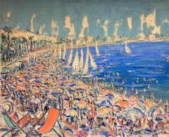 Enorme dipinto a olio impressionista francese: una movimentata scena di spiaggia mediterranea con barche