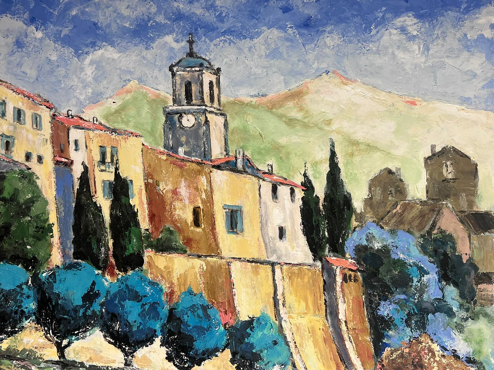 Huge French Impressionist Signed Oil The Luberon Provence Hilltop Village - Painting by French School