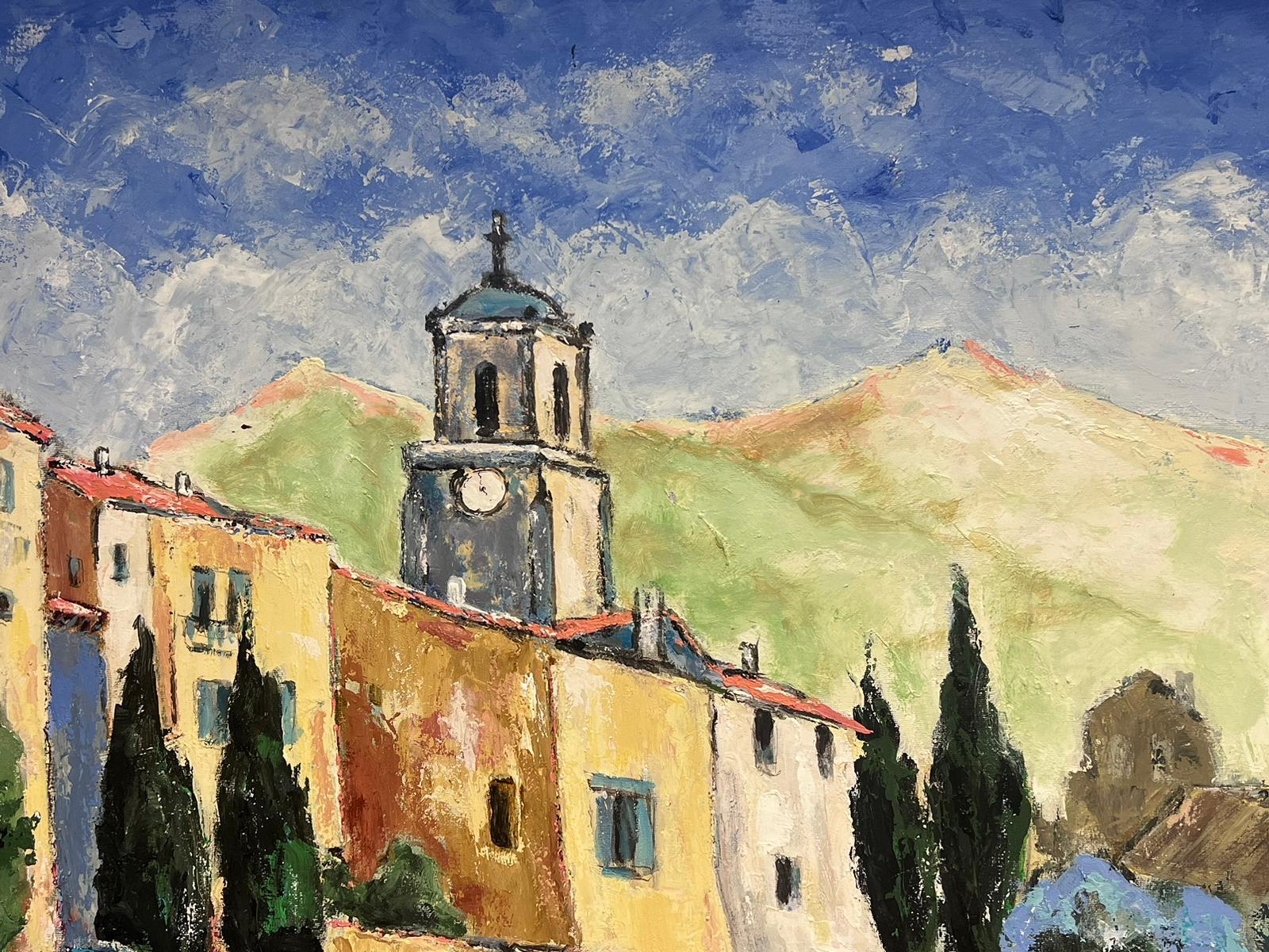 Huge French Impressionist Signed Oil The Luberon Provence Hilltop Village For Sale 1