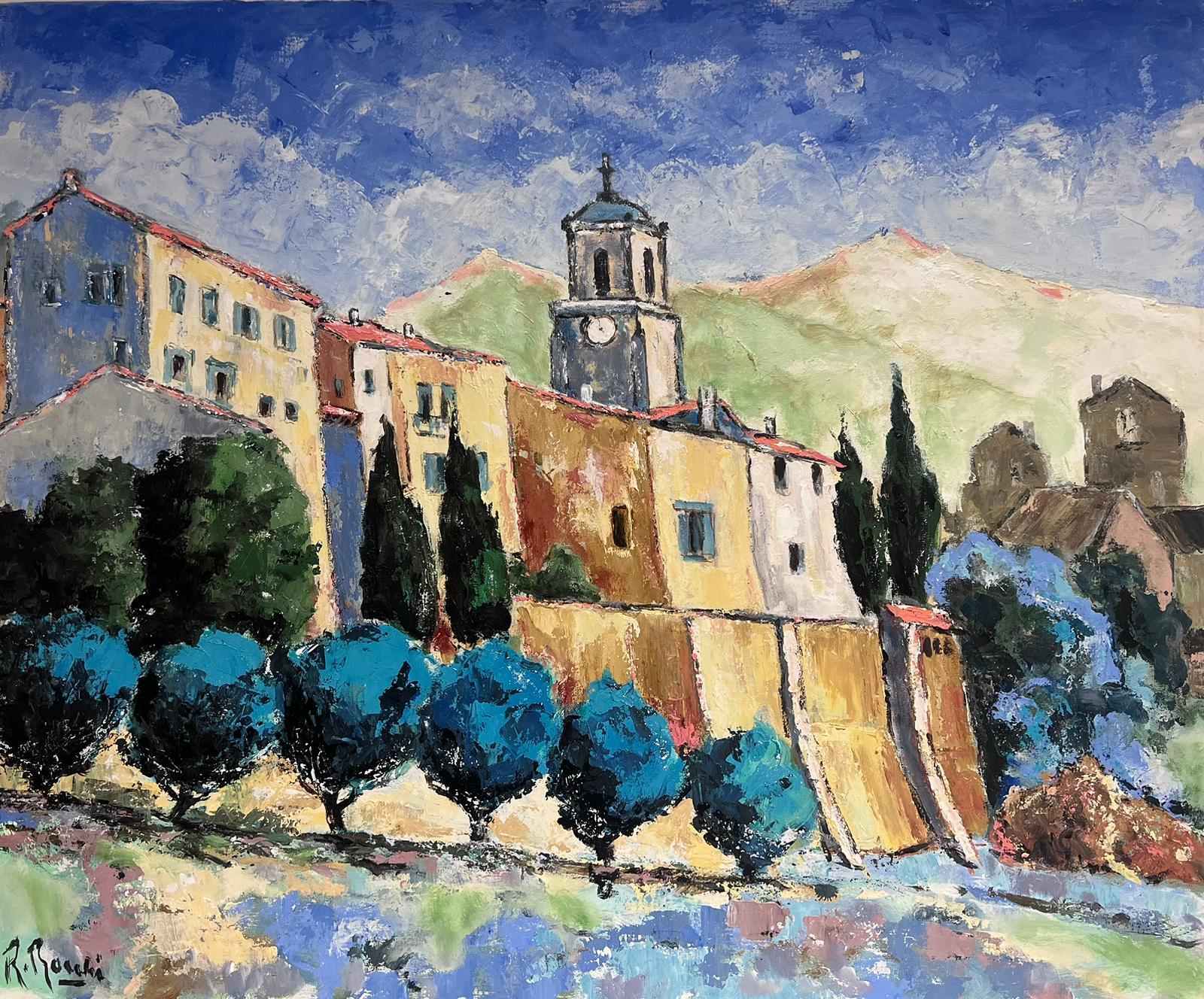 French School Landscape Painting - Huge French Impressionist Signed Oil The Luberon Provence Hilltop Village