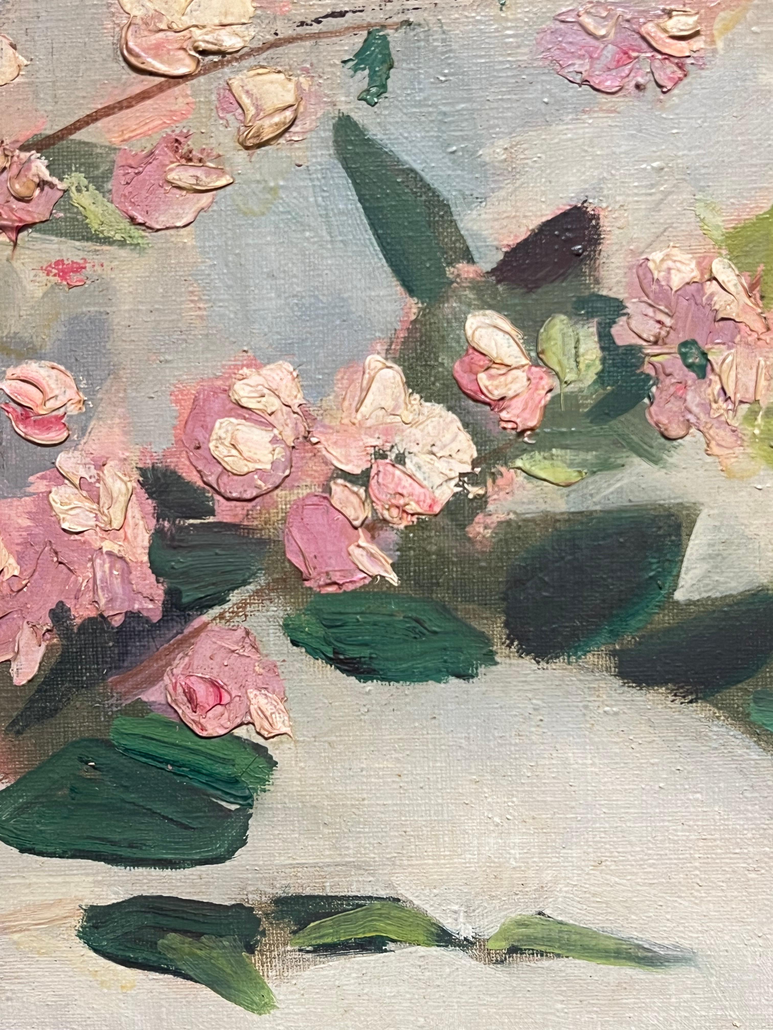 Huge Mid Century French Oil Floral Still Life Pink Blossoms in Terracotta Vase For Sale 6