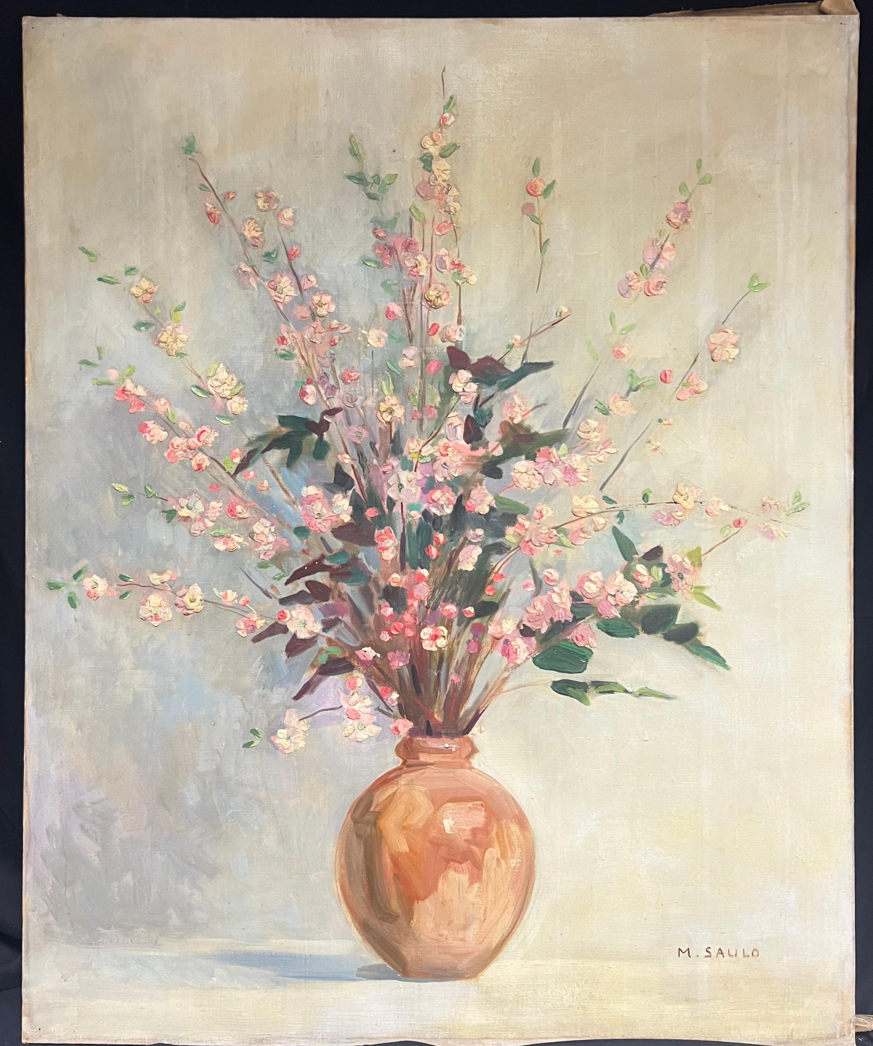 Huge Mid Century French Oil Floral Still Life Pink Blossoms in Terracotta Vase - Painting by French School