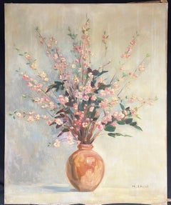 Enorme natura morta floreale ad olio francese del metà del secolo scorso Fiori rosa in vaso di terracotta
