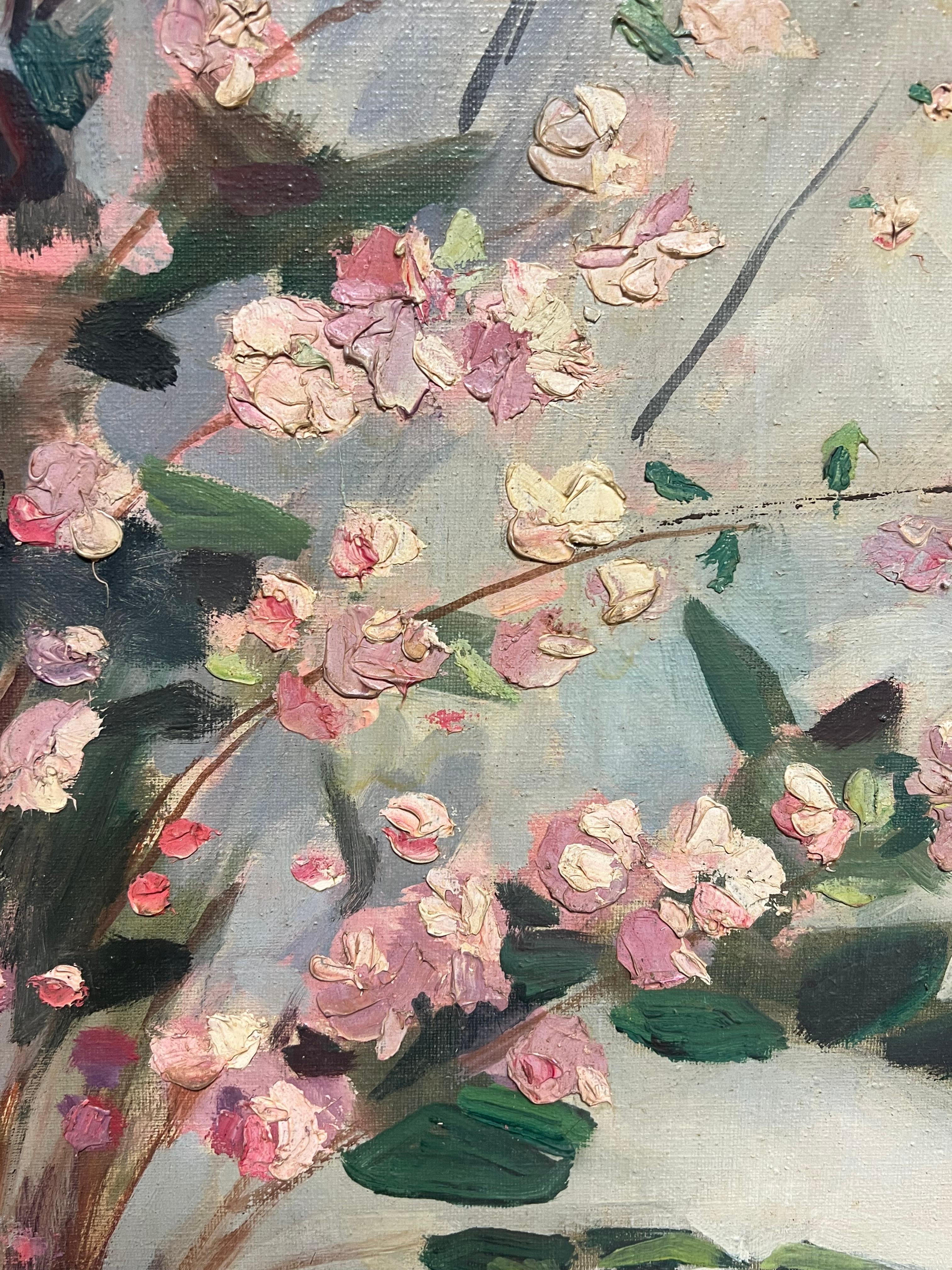 Huge Mid Century French Oil Floral Still Life Pink Blossoms in Terracotta Vase - Impressionist Painting by French School