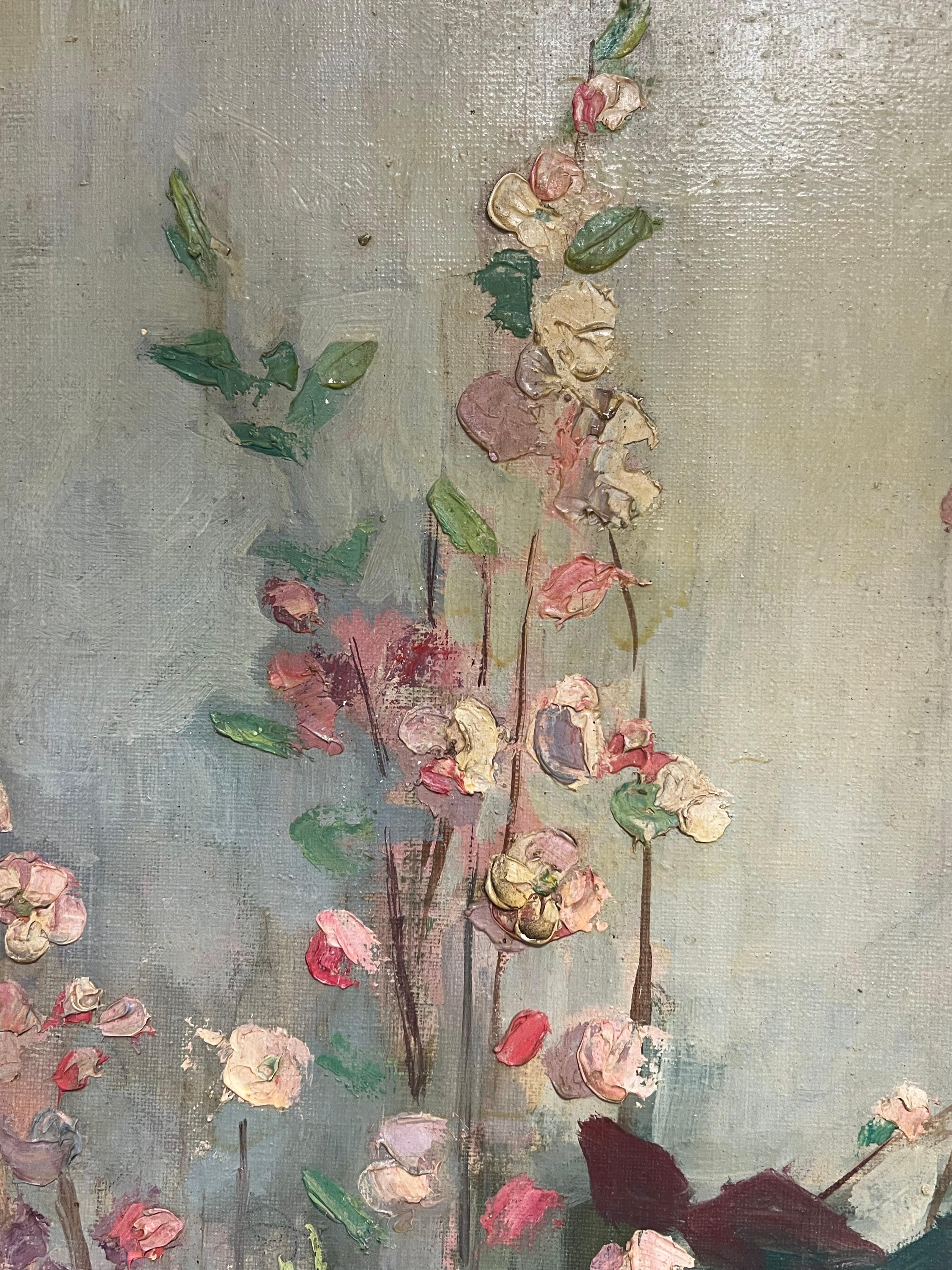 Huge Mid Century French Oil Floral Still Life Pink Blossoms in Terracotta Vase - Beige Still-Life Painting by French School