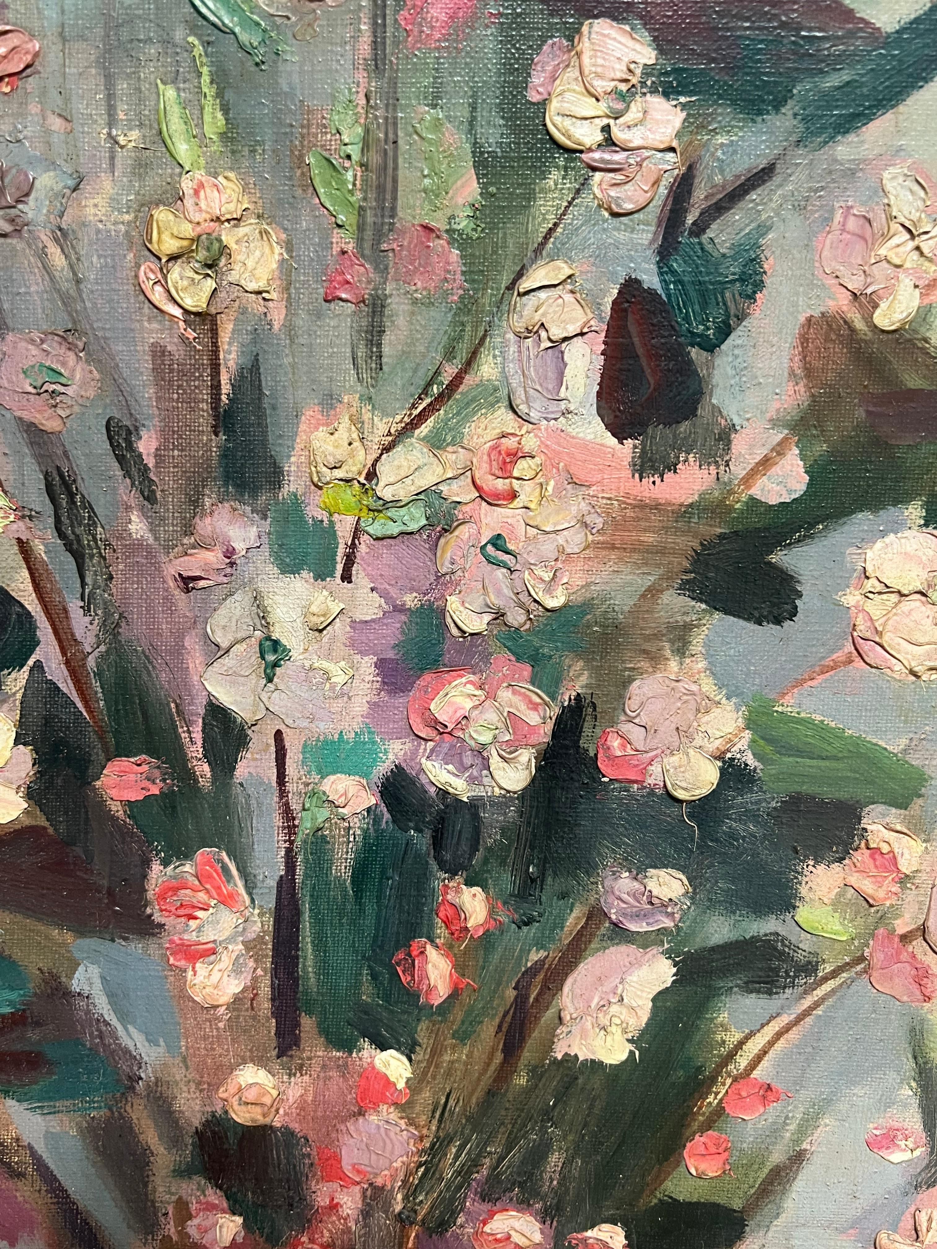 Huge Mid Century French Oil Floral Still Life Pink Blossoms in Terracotta Vase For Sale 1