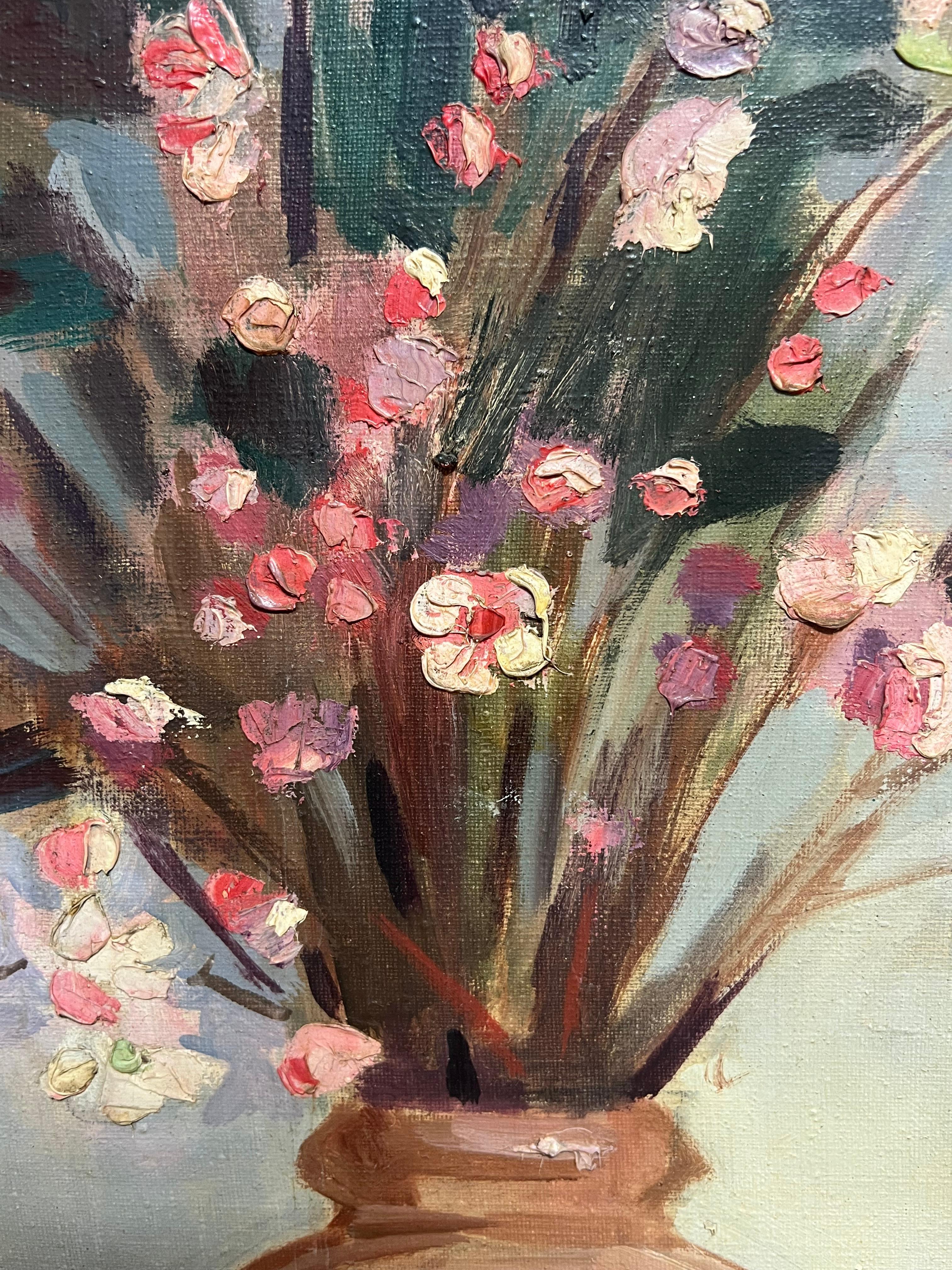 Huge Mid Century French Oil Floral Still Life Pink Blossoms in Terracotta Vase For Sale 2