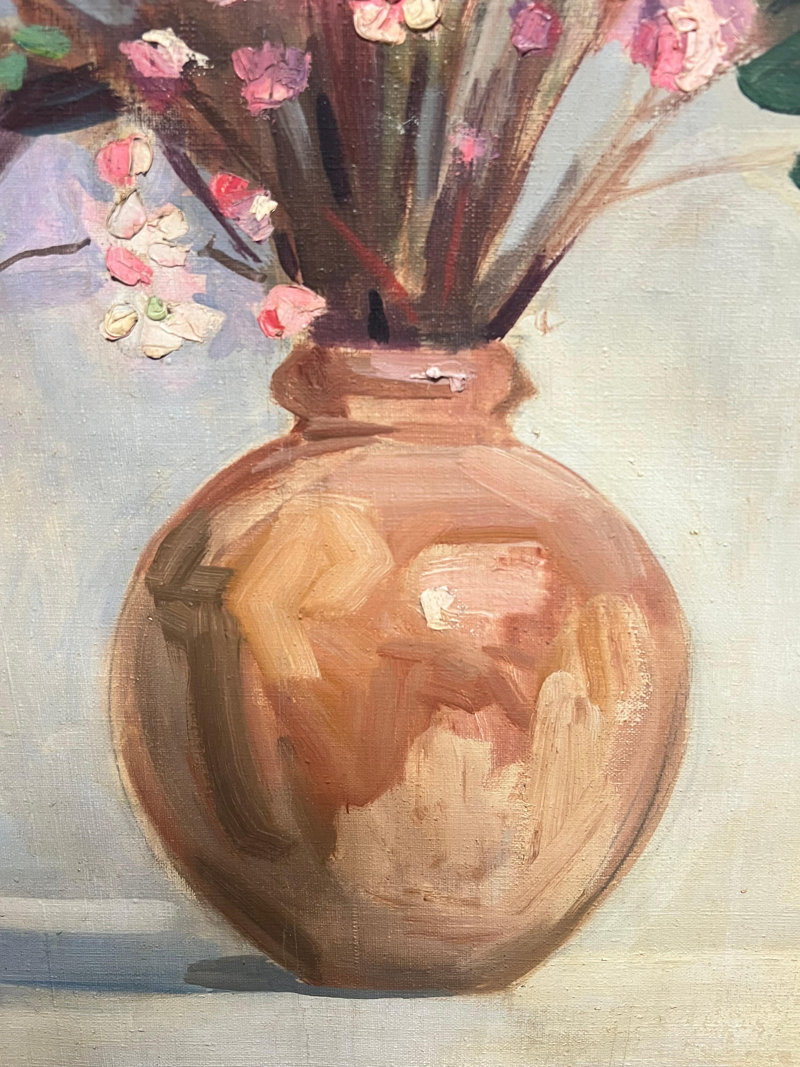 Huge Mid Century French Oil Floral Still Life Pink Blossoms in Terracotta Vase For Sale 3