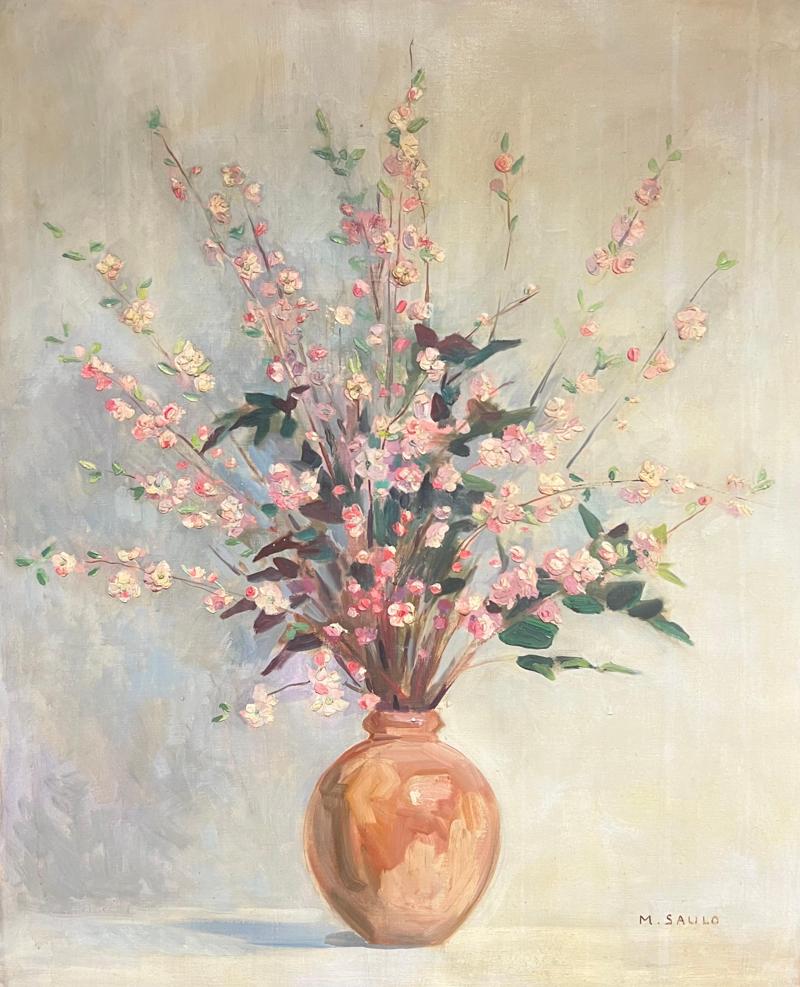 French School Still-Life Painting - Huge Mid Century French Oil Floral Still Life Pink Blossoms in Terracotta Vase