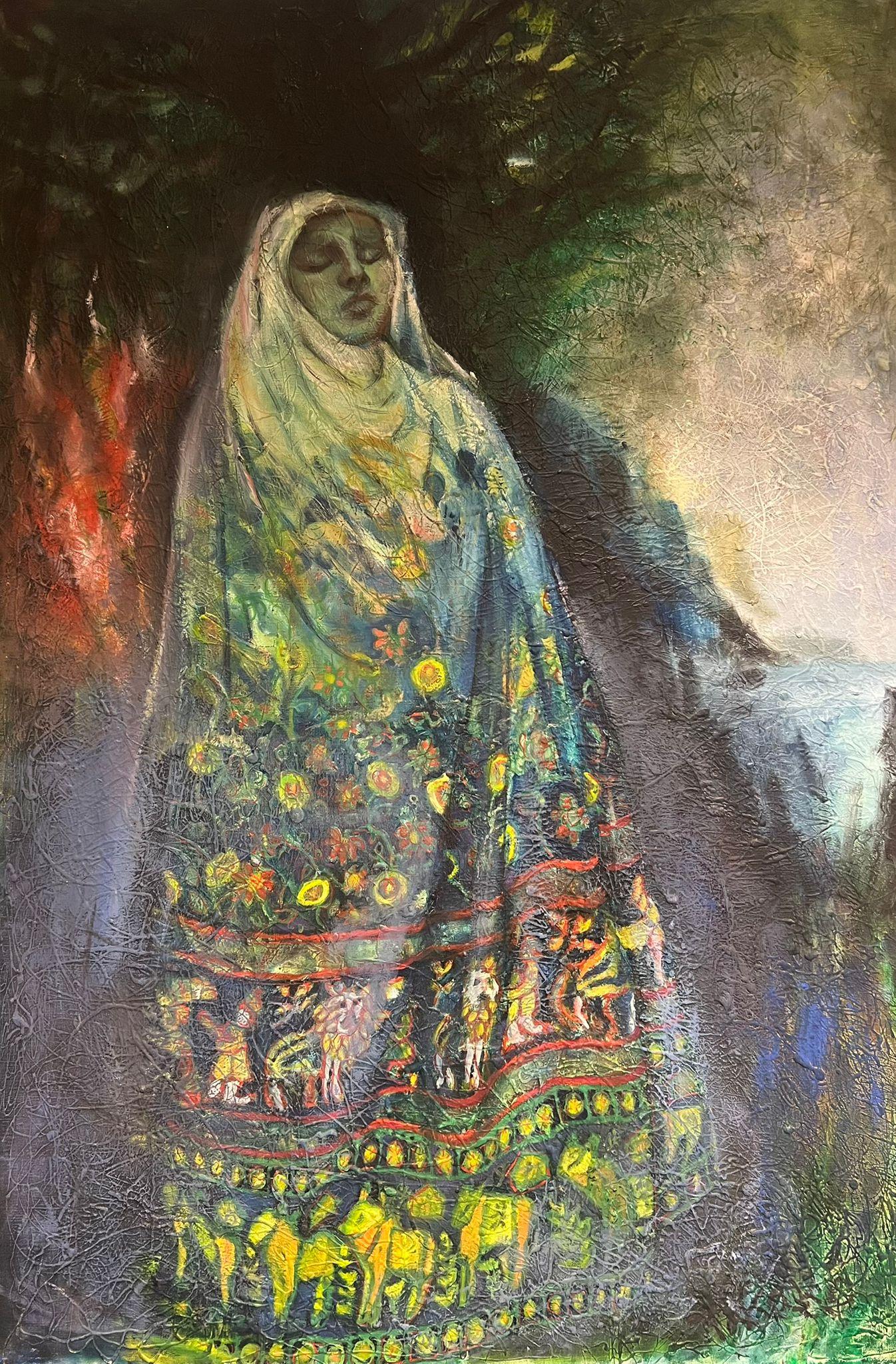 Enorme ritratto di donna velata in una fusione onirica di spiritualità e Nature - Figurative Painting Grigio di French School