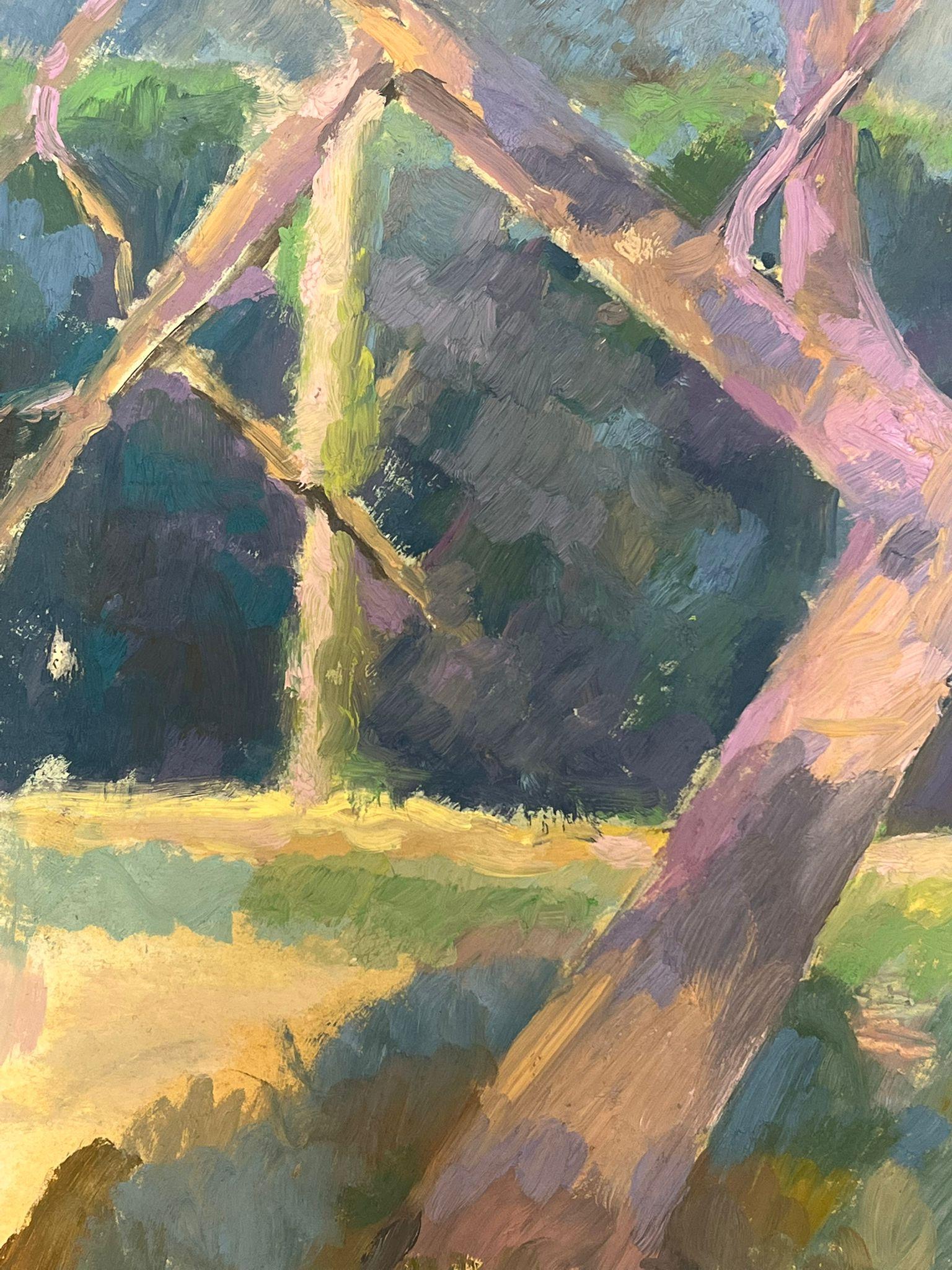 Paesaggio impressionistico con tronco d'albero illuminato dal sole, colori verde e lavanda - Painting di French School