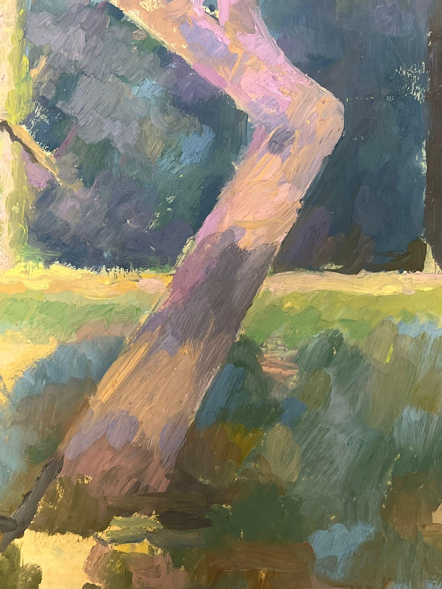 Paesaggio impressionistico con tronco d'albero illuminato dal sole, colori verde e lavanda - Painting Impressionismo di French School