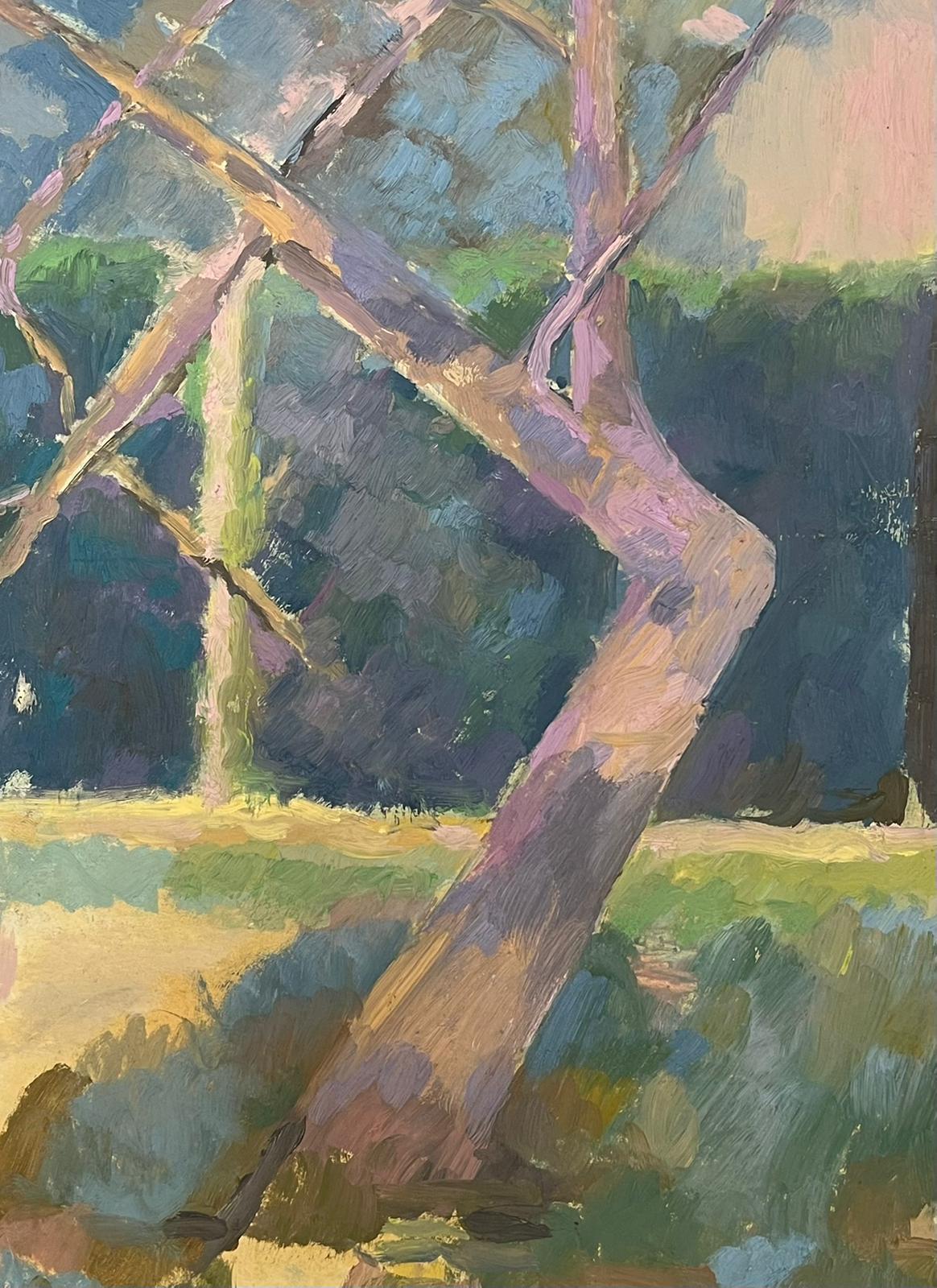 Paesaggio impressionistico con tronco d'albero illuminato dal sole, colori verde e lavanda - Landscape Painting Viola di French School