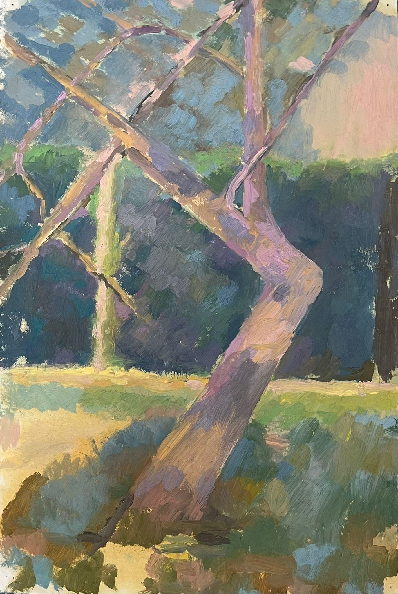 Landscape Painting di French School - Paesaggio impressionistico con tronco d'albero illuminato dal sole, colori verde e lavanda