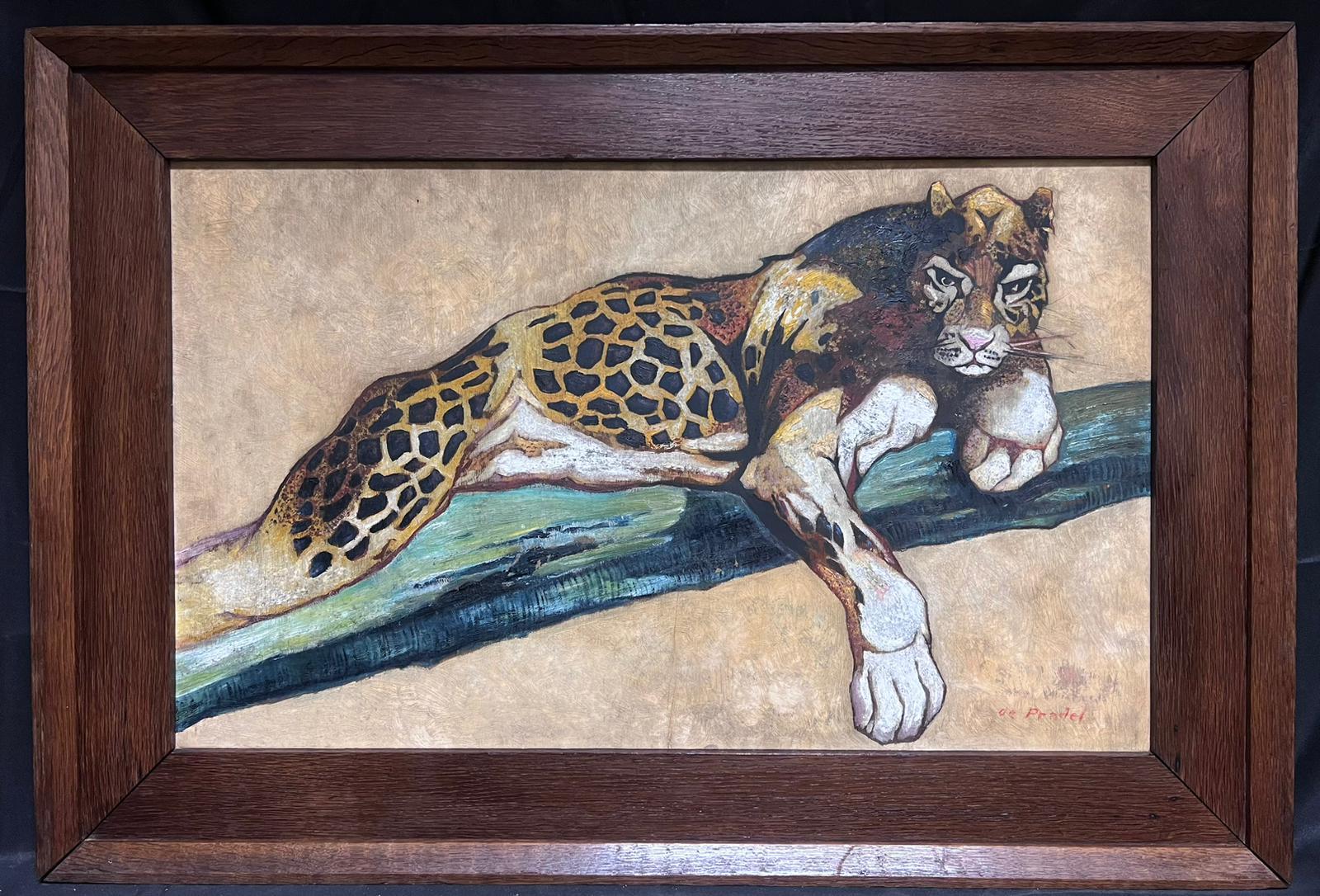 Jaguar Laying on Branch Huge French Signed Oil Painting Wooden Frame - Beige Animal Painting by French School